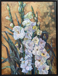 "Serie dorada . Gladiolos" Pintura floral original . Decoración interior . Vertical