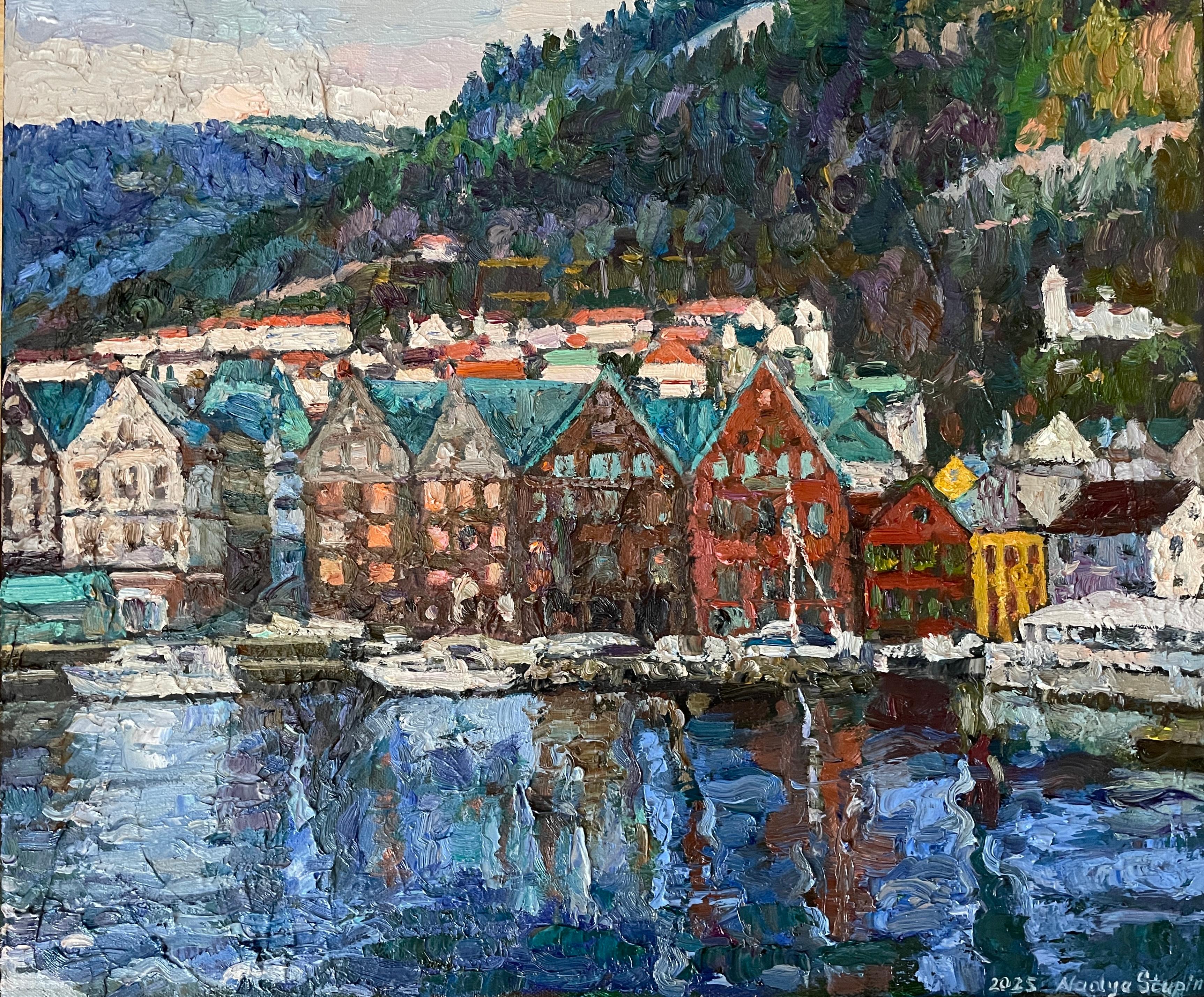 Landscape Painting Nadezda Stupina - "Toits verts de Greene" Paysage impressionniste original. Impasto de taille moyenne