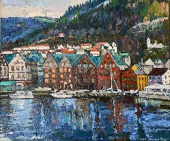 "Toits verts de Greene" Paysage impressionniste original. Impasto de taille moyenne