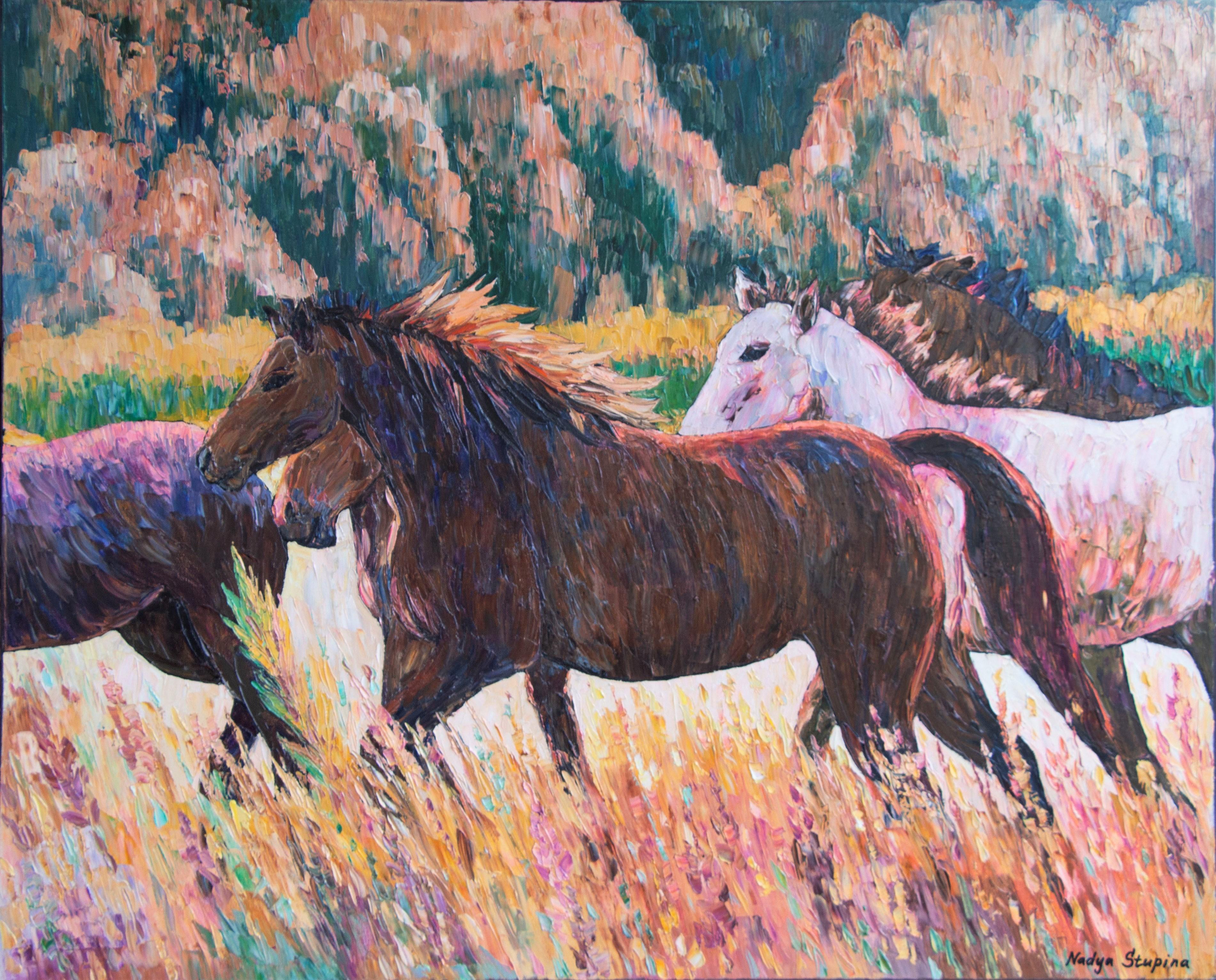 "Cavalli" Originale animalista  pittura . Grande orizzontale.
