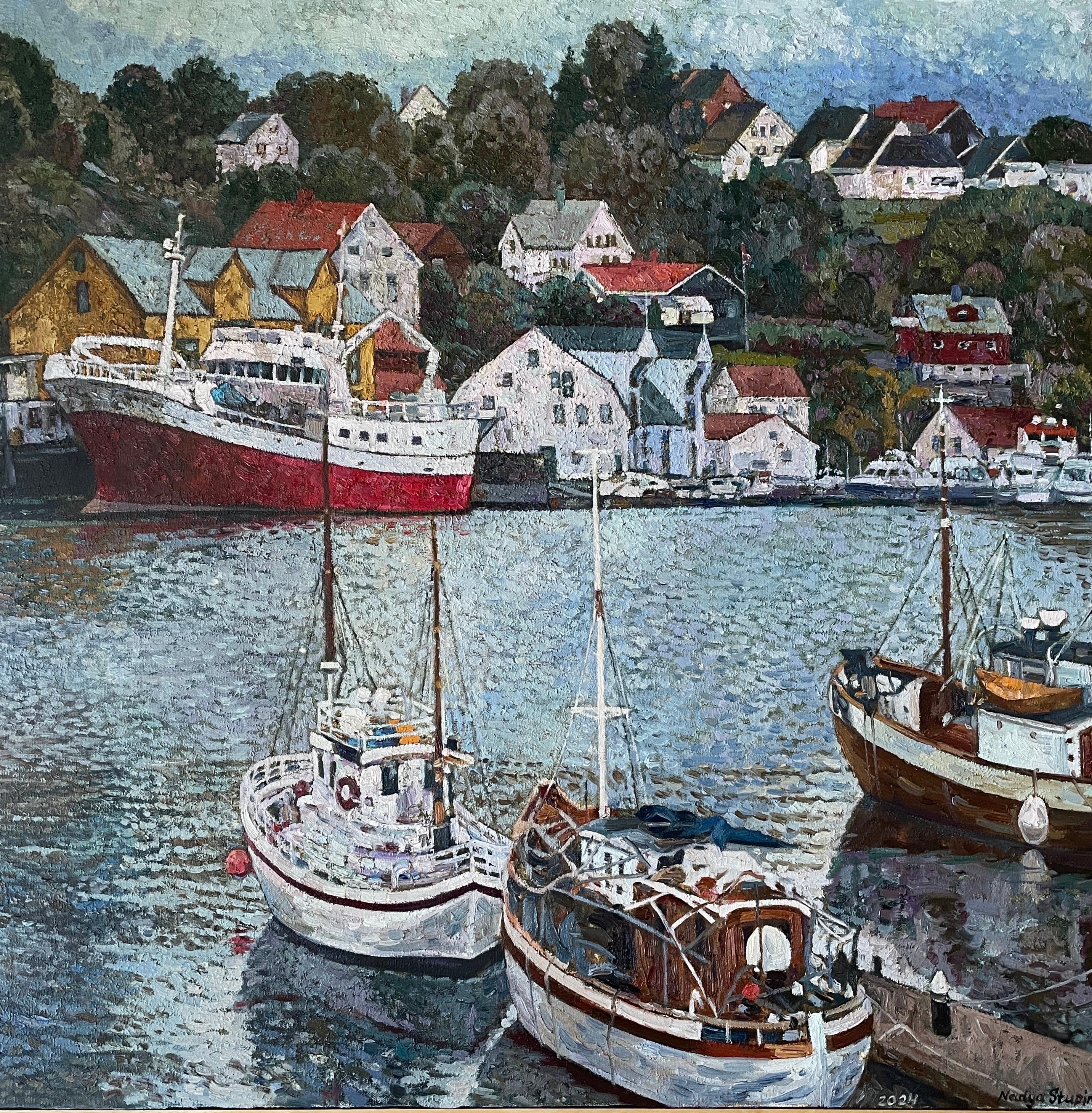 Nadezda Stupina Landscape Painting - "In the harbour of Kristiansund" Original impressionistic  landscape  . Large