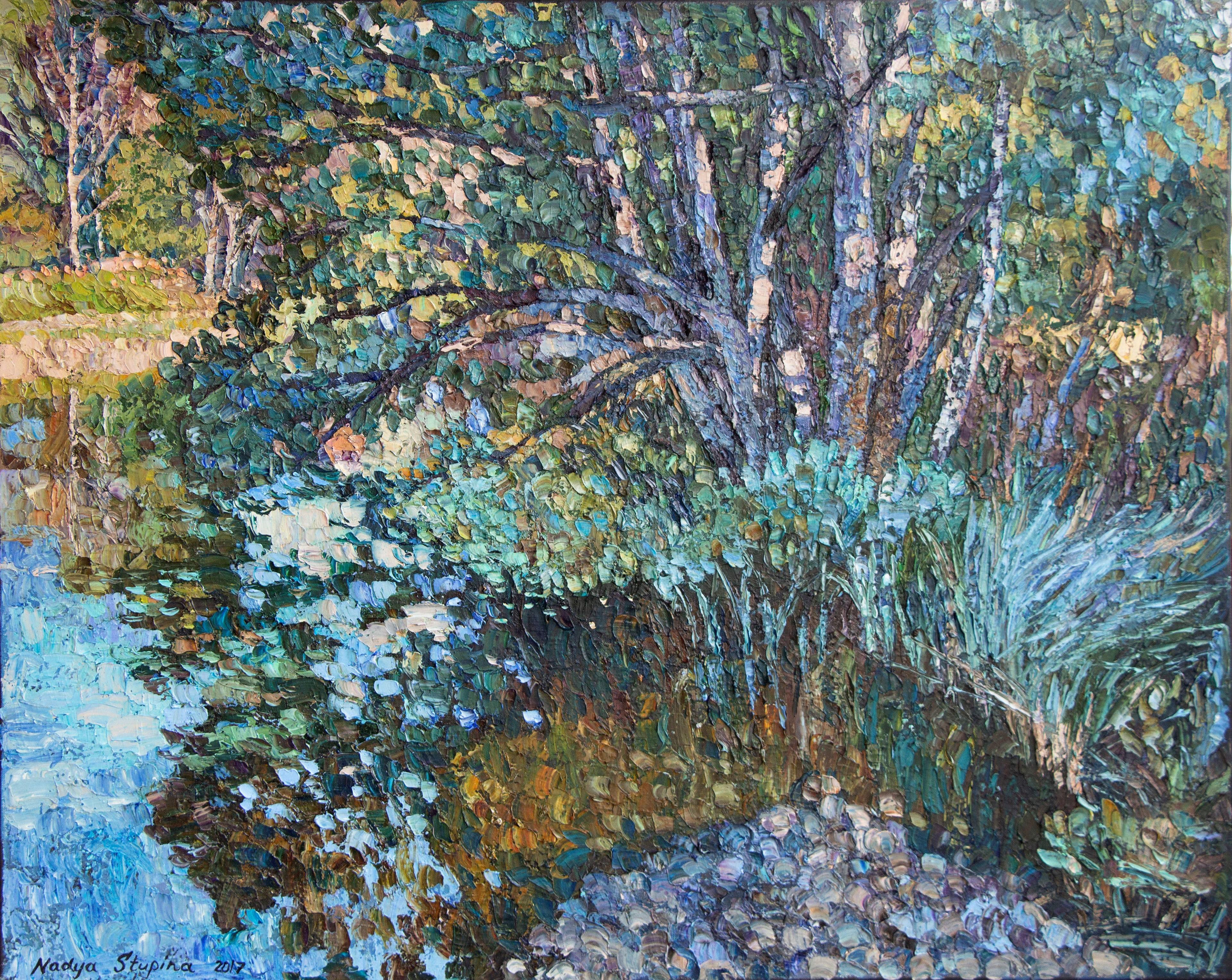 Nadezda Stupina Landscape Painting - "In the shade of  the tree" Original large impressionistic landscape