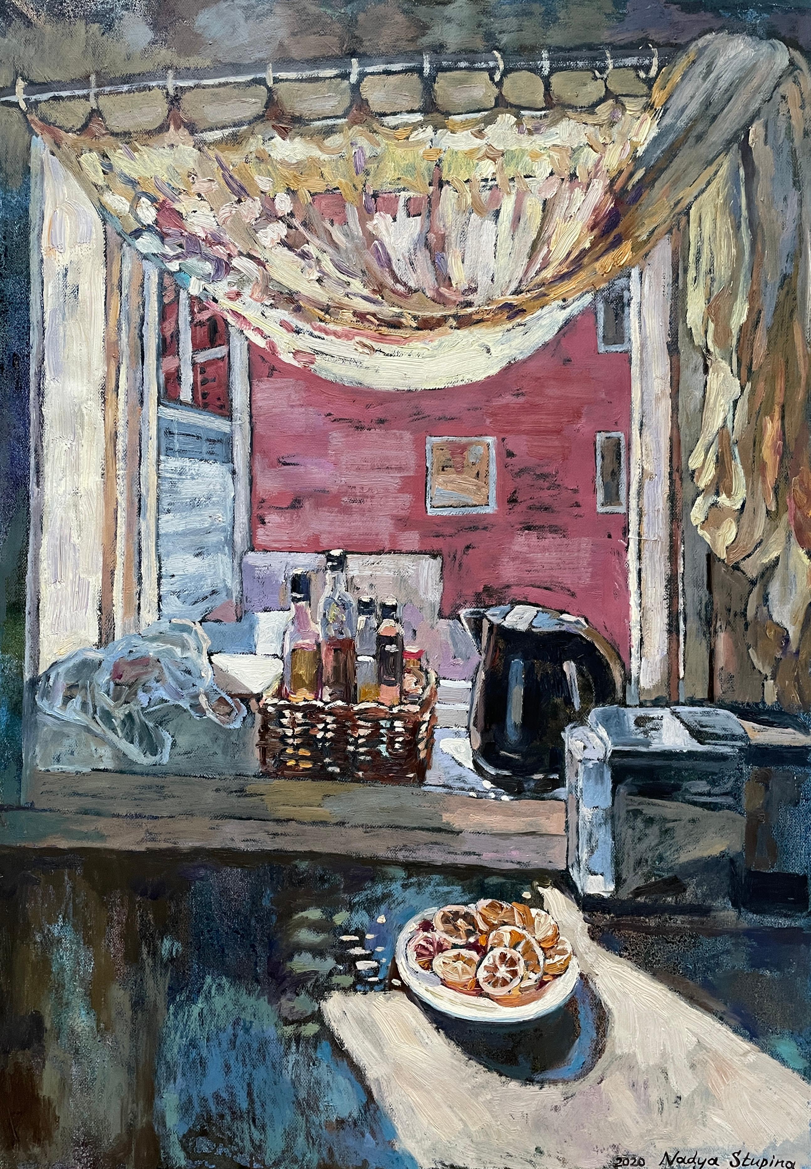 "Fenêtre de cuisine" Peinture impressionniste originale. Grand, vertical Huile, papier