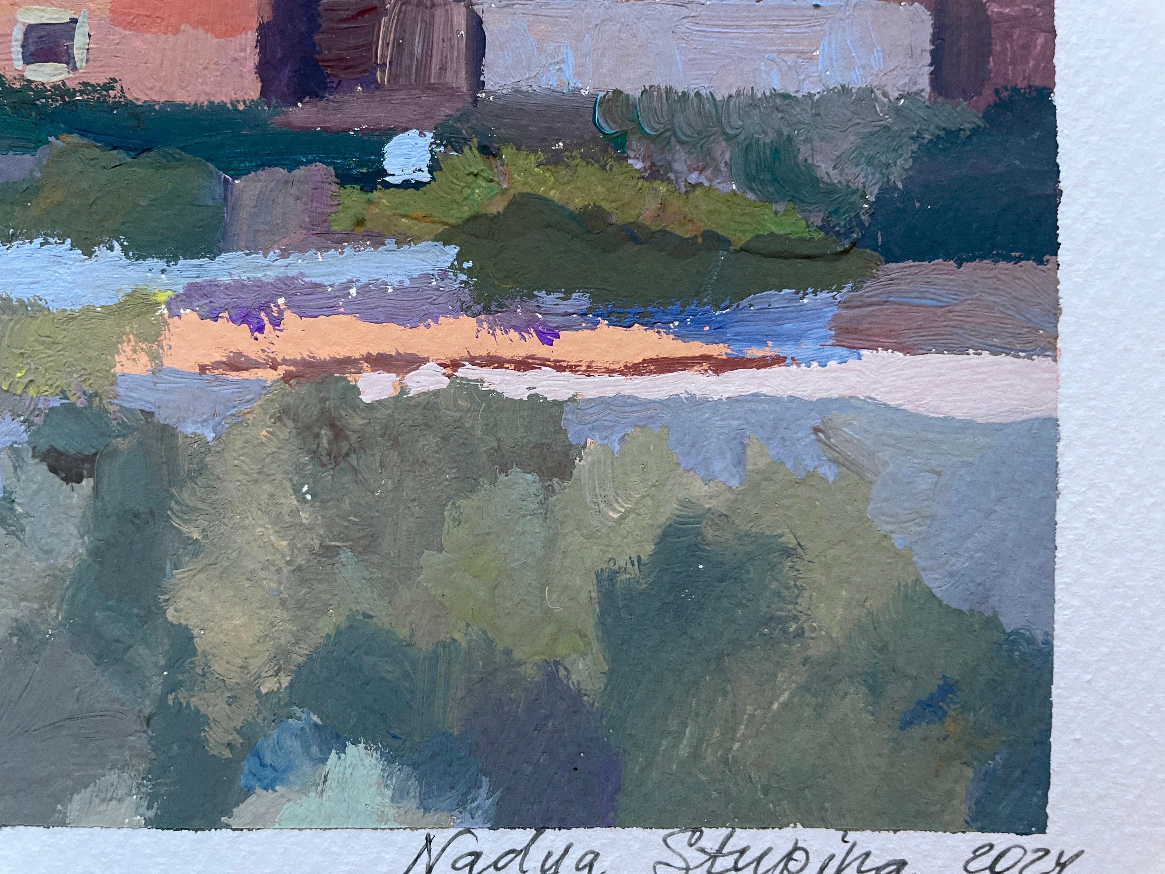 Paisaje con casas rojas - Painting de Nadezda Stupina