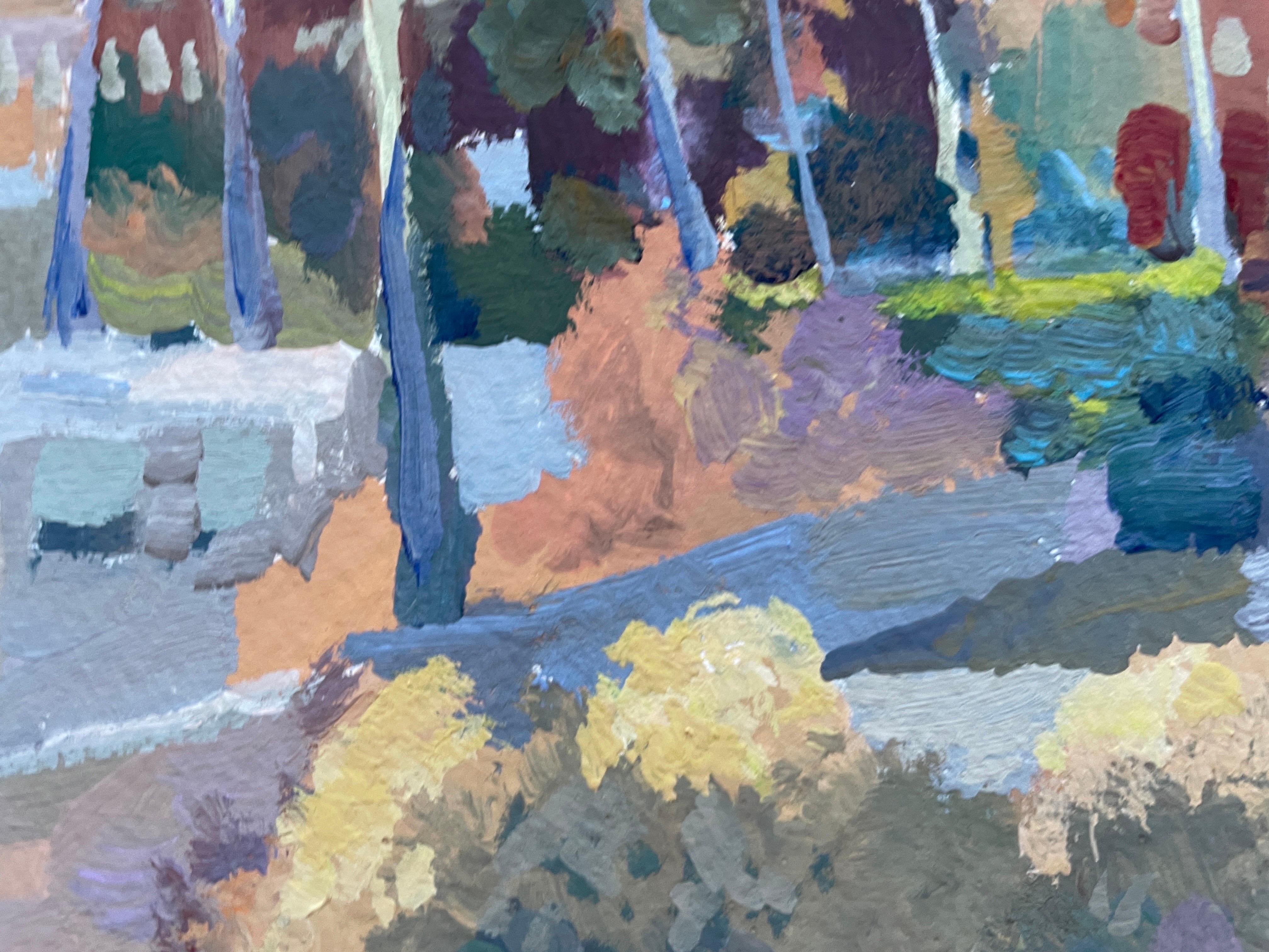 Paisaje con casas rojas - Painting Impresionista de Nadezda Stupina