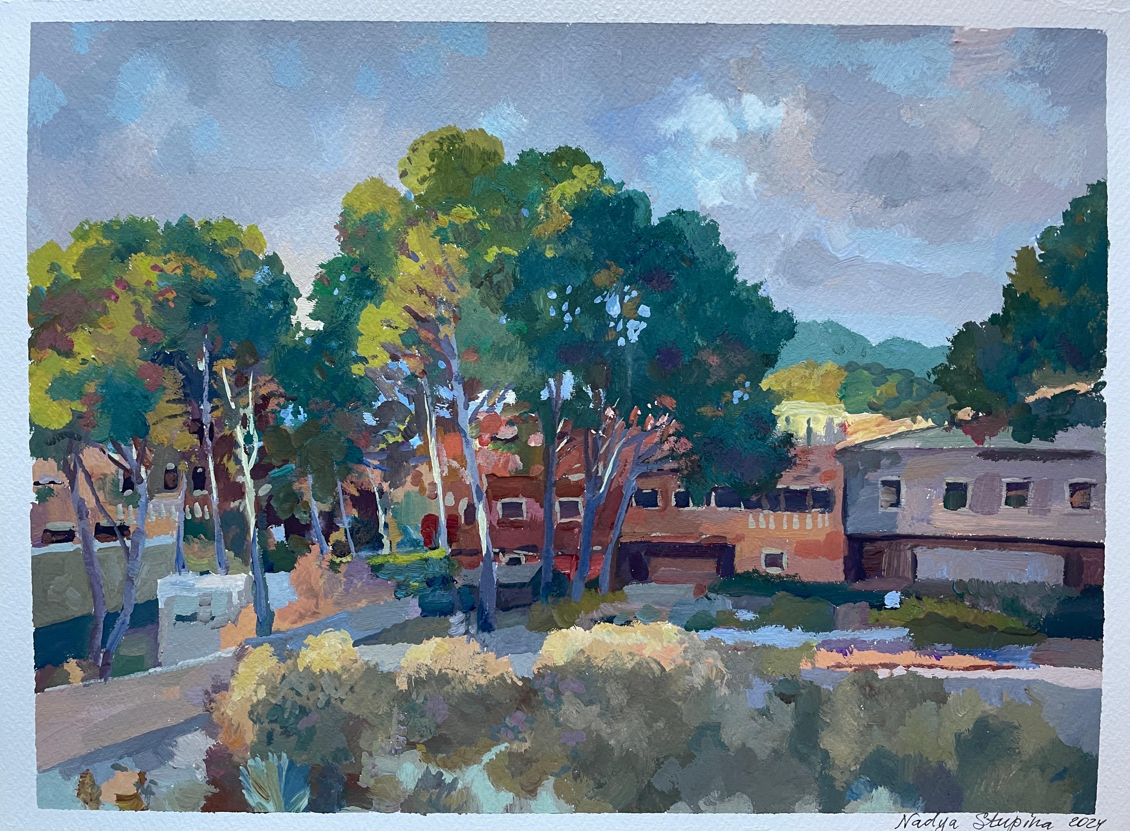 Landscape Painting de Nadezda Stupina - Paisaje con casas rojas
