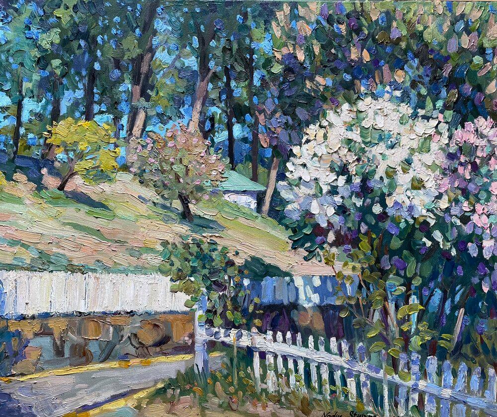 Nadezda Stupina Landscape Painting – Landschaft mit blühendem Flieder
