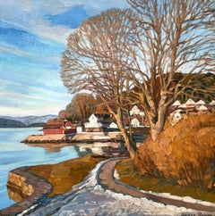 "Dernière neige à Drøbak" Paysage impressionniste carré. Peinture à l'huile originale