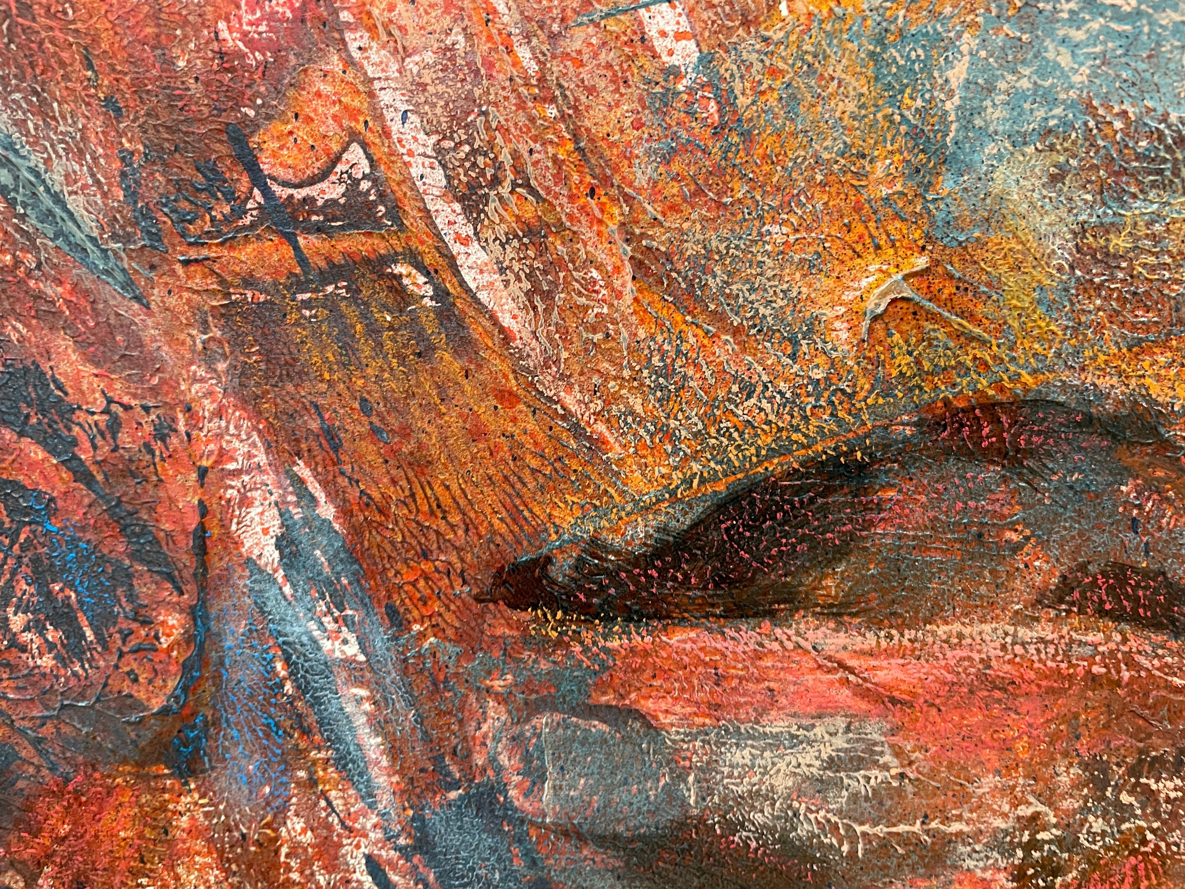 Cette œuvre d'art captivante présente le portrait d'une femme dans une fusion dynamique de couleurs et de textures. Dominée par des teintes chaudes d'orange, de rouge et d'ocre, la pièce transmet un sentiment d'intensité et de profondeur. L'artiste