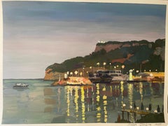 "Lichter auf dem Pier" Original Landschaftsgemälde. Mittlere Größe. Gouache auf Papier