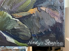 "Listening to silence" Original vertical floral painting . Green  white impasto.