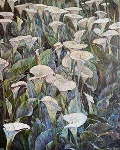 "Ascoltare il silenzio" Quadro floreale verticale originale. Greene & Greene impasto bianco.