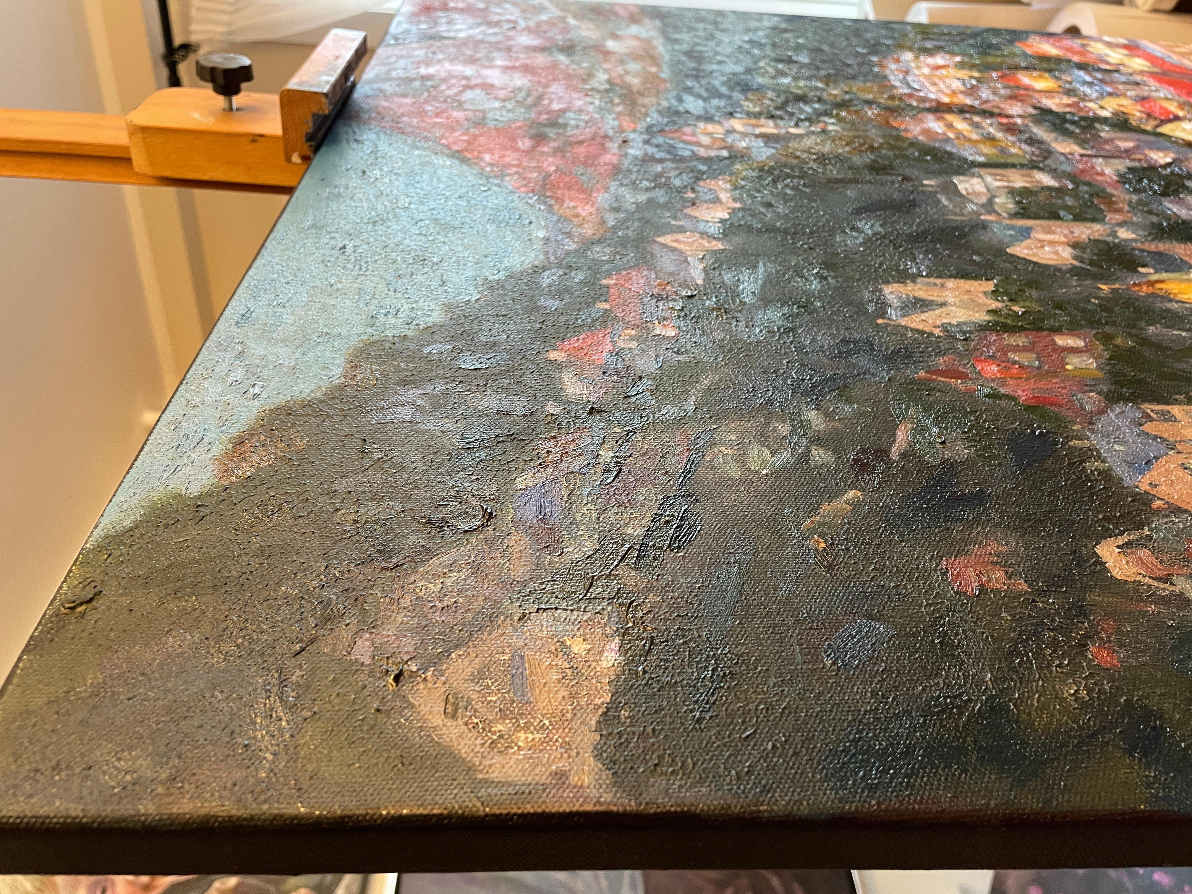 «Living colours of Bergen» Original colourful impressionistic landscape  Impasto For Sale 5