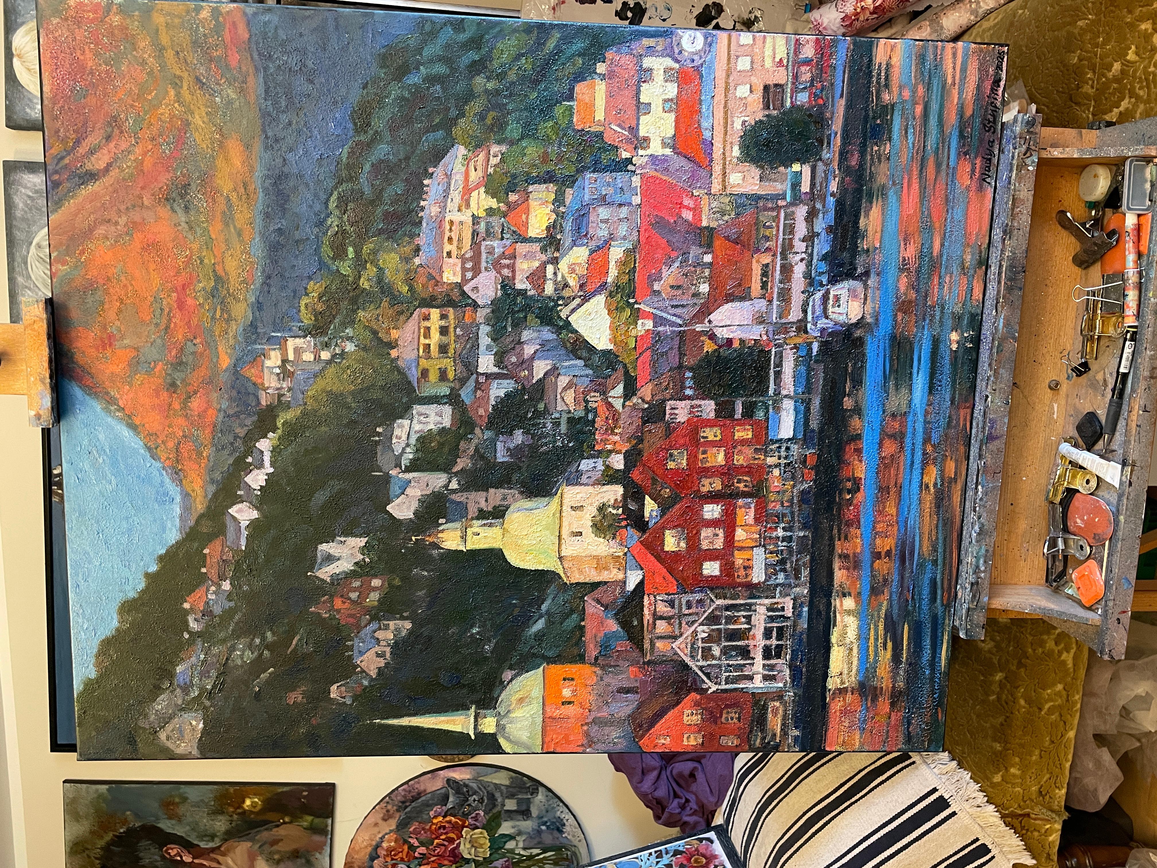 «Living colours of Bergen» Original colourful impressionistic landscape  Impasto For Sale 6