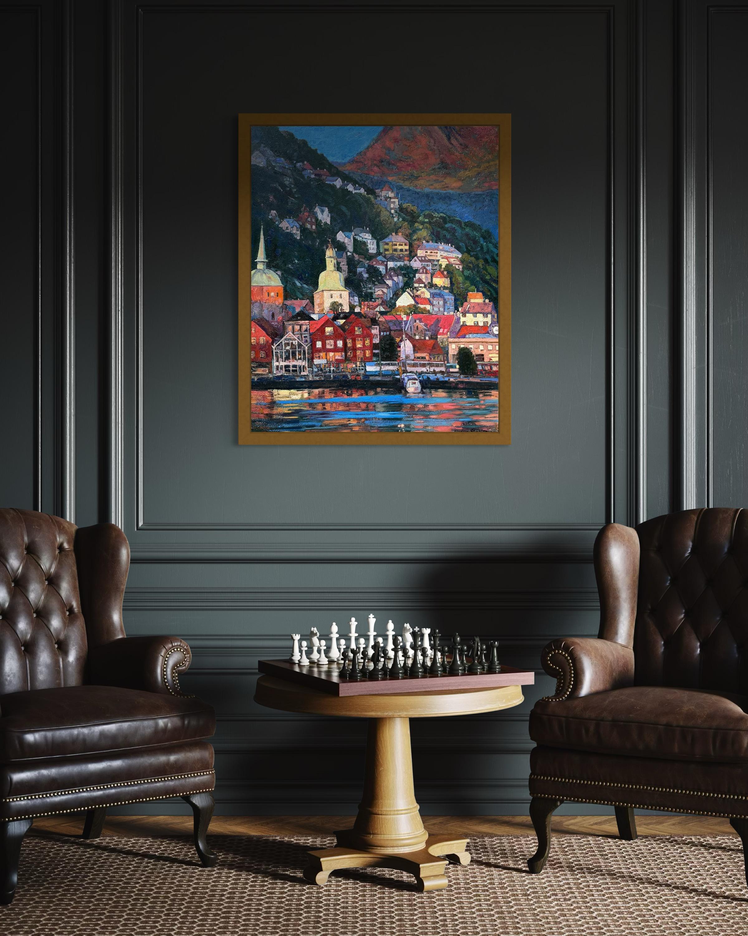 «Living colours of Bergen» Original colourful impressionistic landscape  Impasto For Sale 9