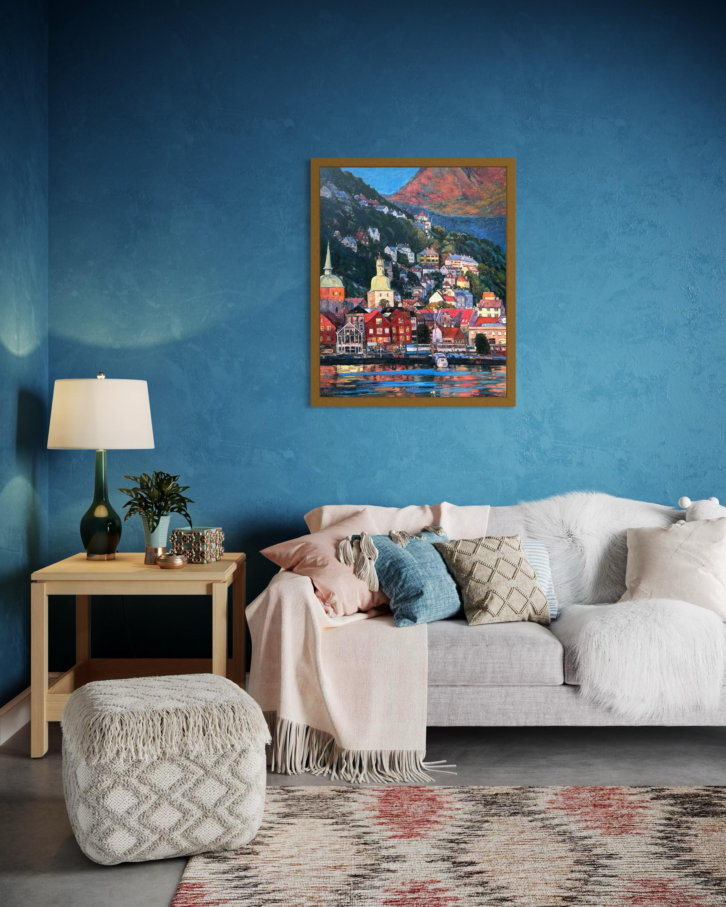 «Living colours of Bergen» Original colourful impressionistic landscape  Impasto For Sale 10