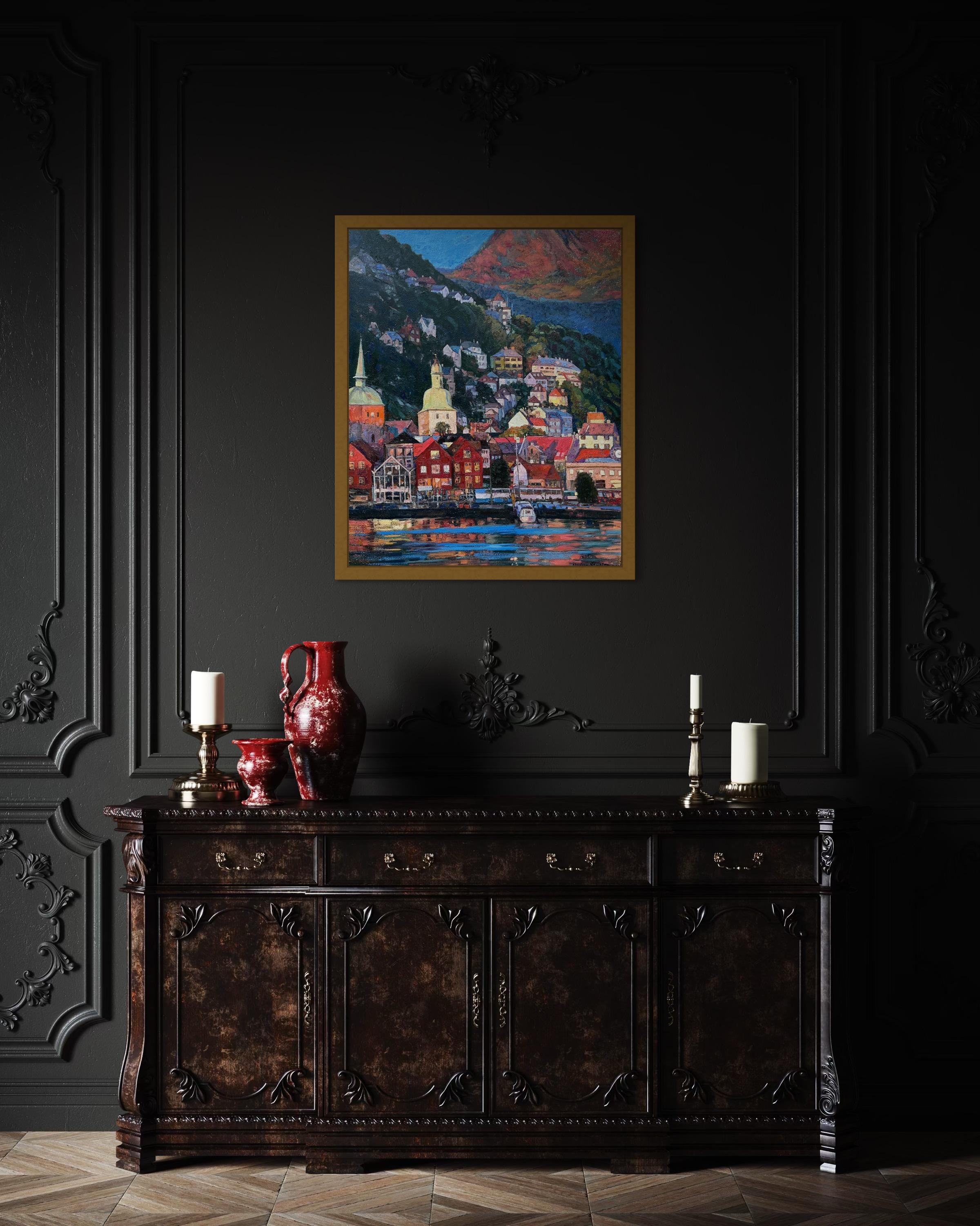 «Living colours of Bergen» Original colourful impressionistic landscape  Impasto For Sale 11