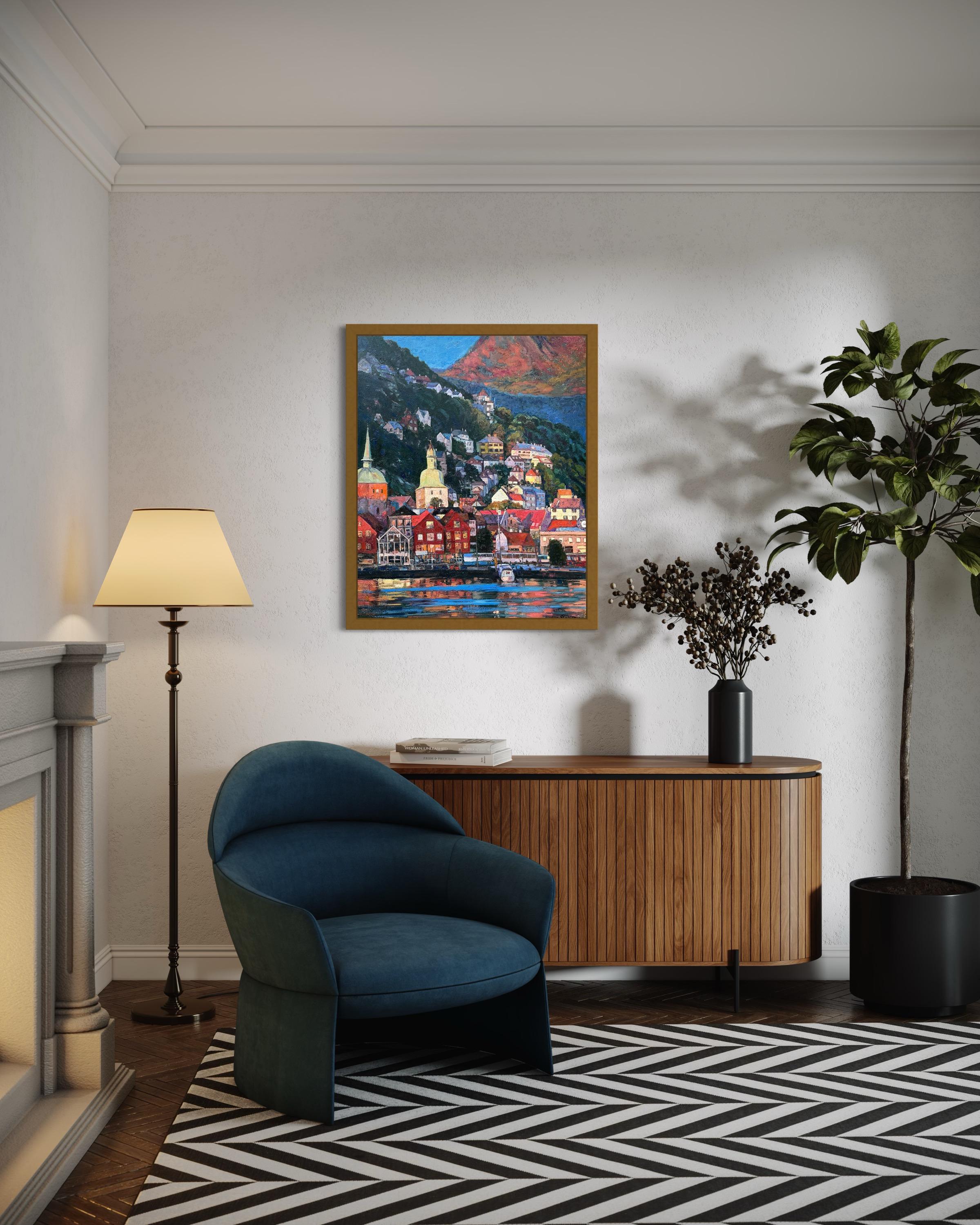 «Living colours of Bergen» Original colourful impressionistic landscape  Impasto For Sale 12