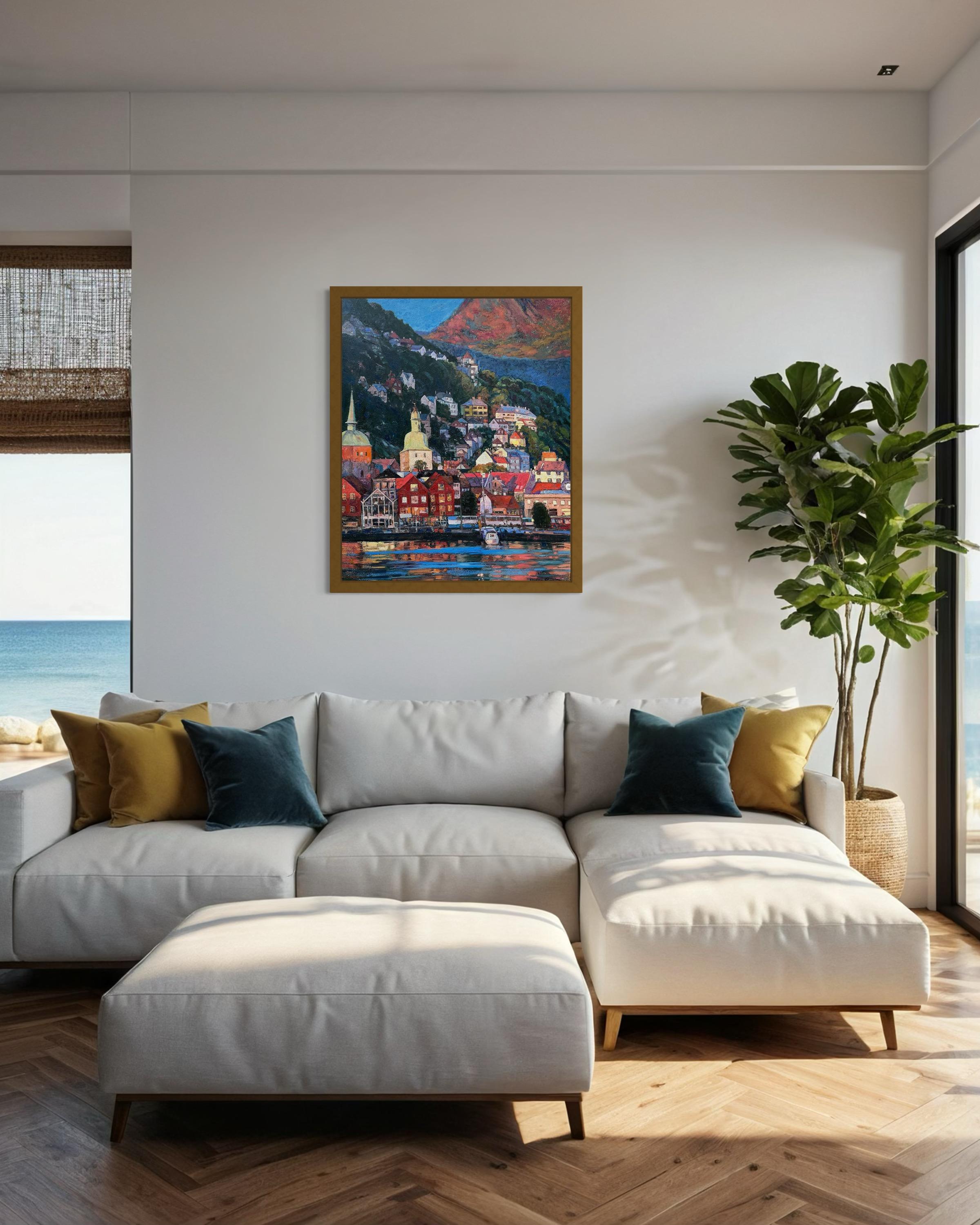 «Living colours of Bergen» Original colourful impressionistic landscape  Impasto For Sale 13