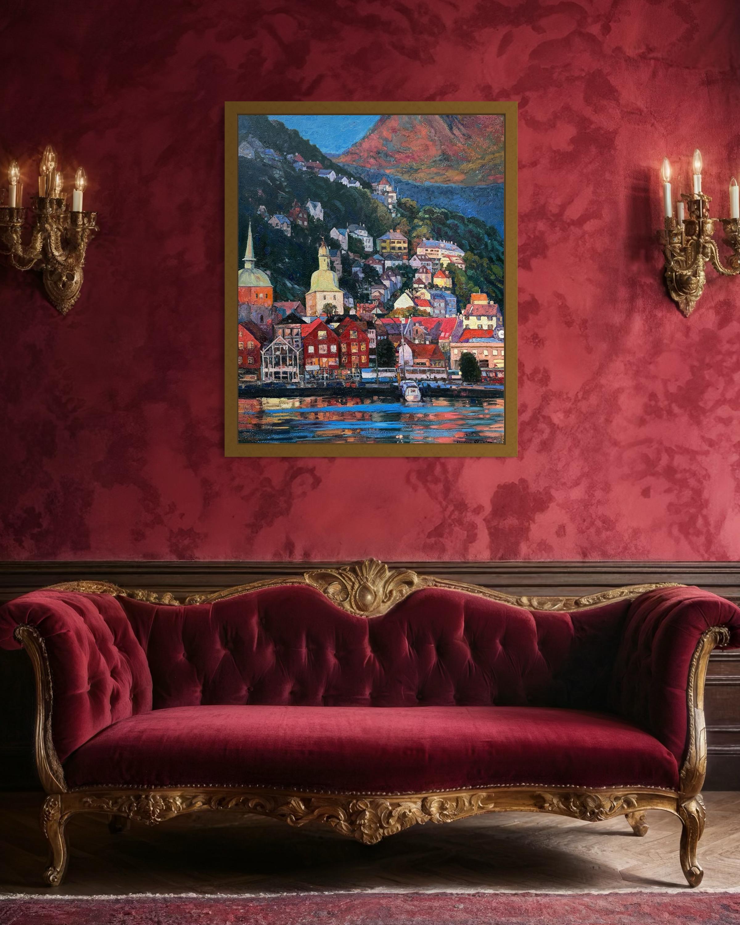 «Living colours of Bergen» Original colourful impressionistic landscape  Impasto For Sale 14