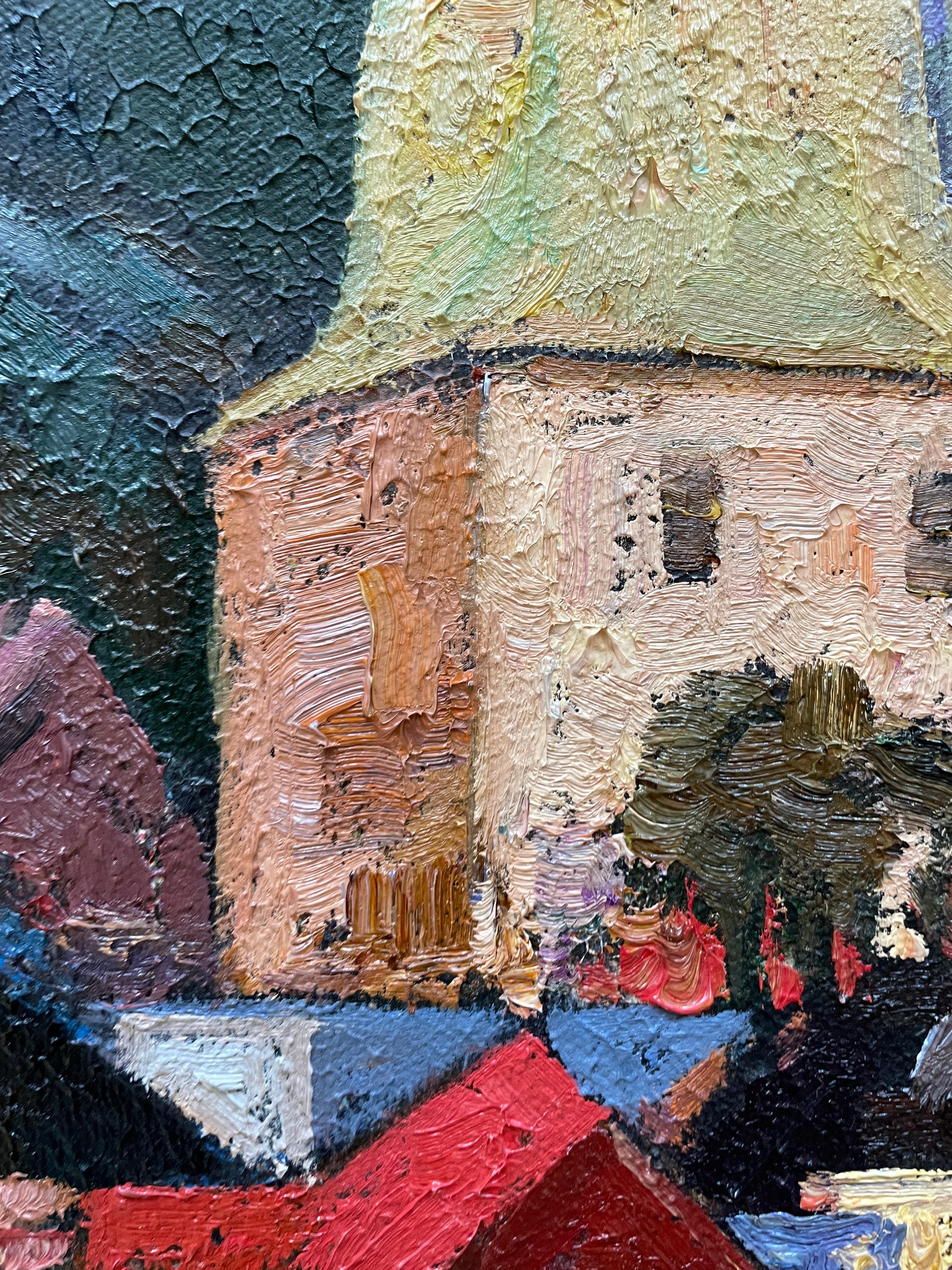 «Living colours of Bergen» Original colourful impressionistic landscape  Impasto - Painting by Nadezda Stupina