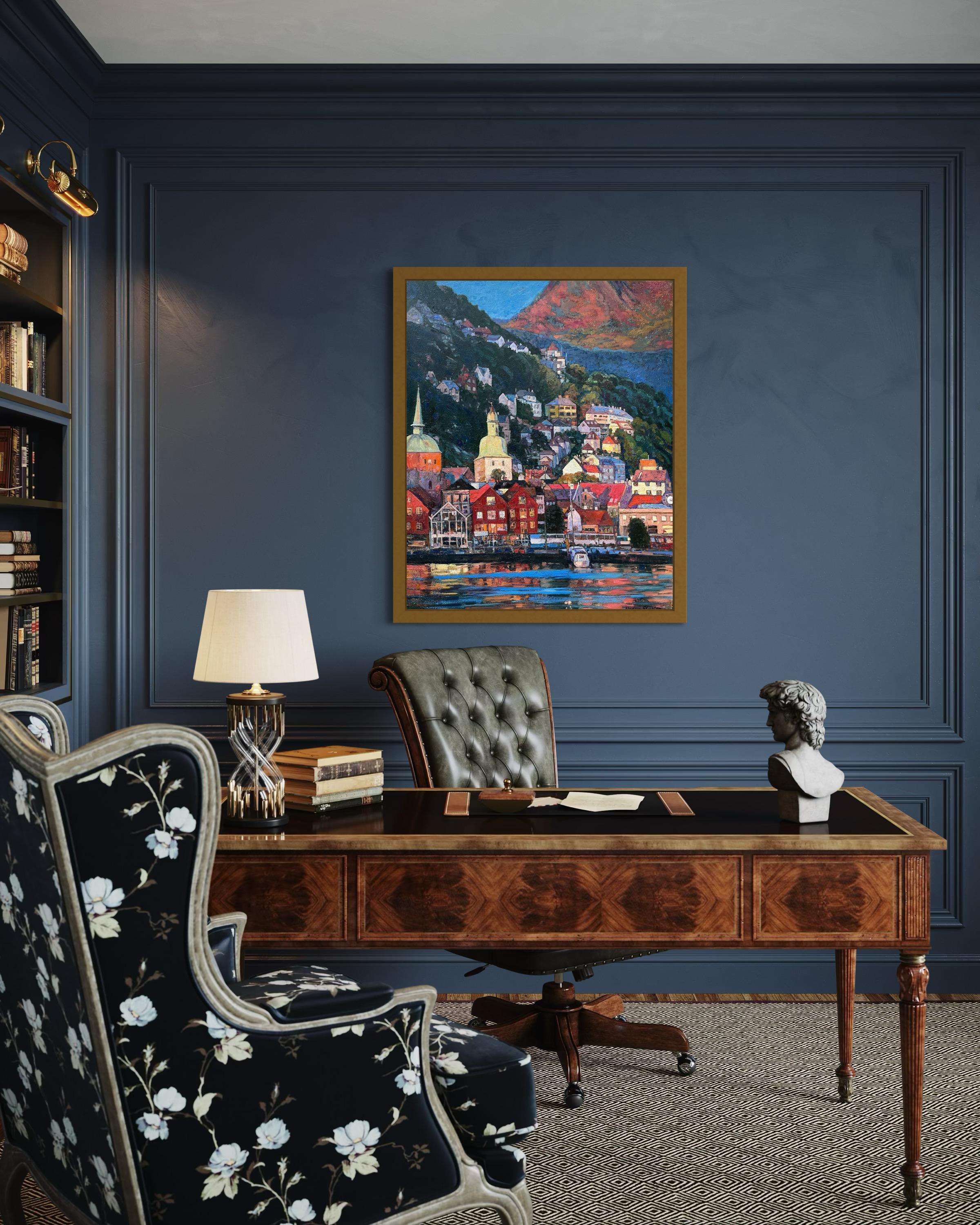 «Living colours of Bergen» Original colourful impressionistic landscape  Impasto For Sale 15