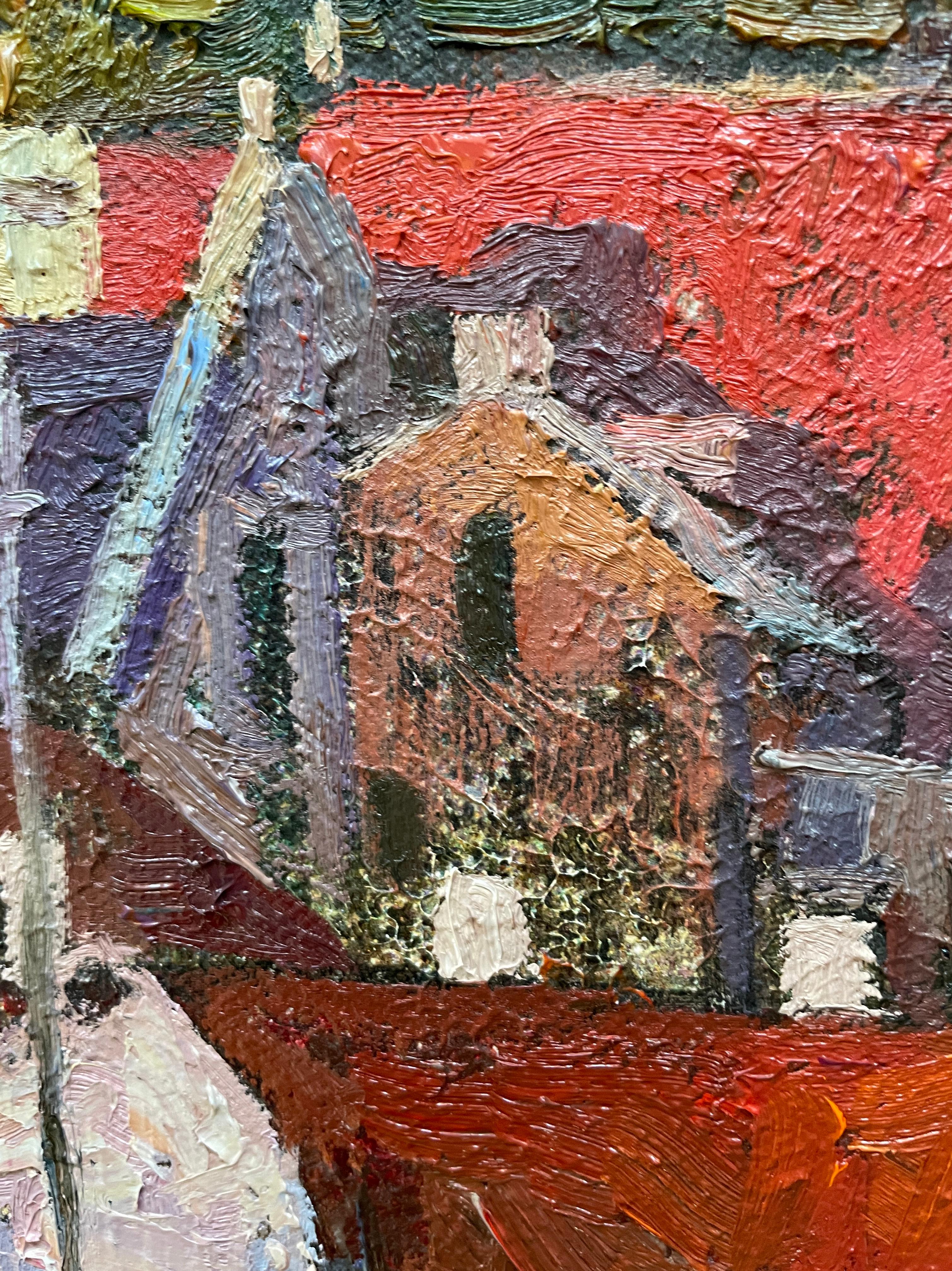 «Living colours of Bergen» Original colourful impressionistic landscape  Impasto - Black Landscape Painting by Nadezda Stupina