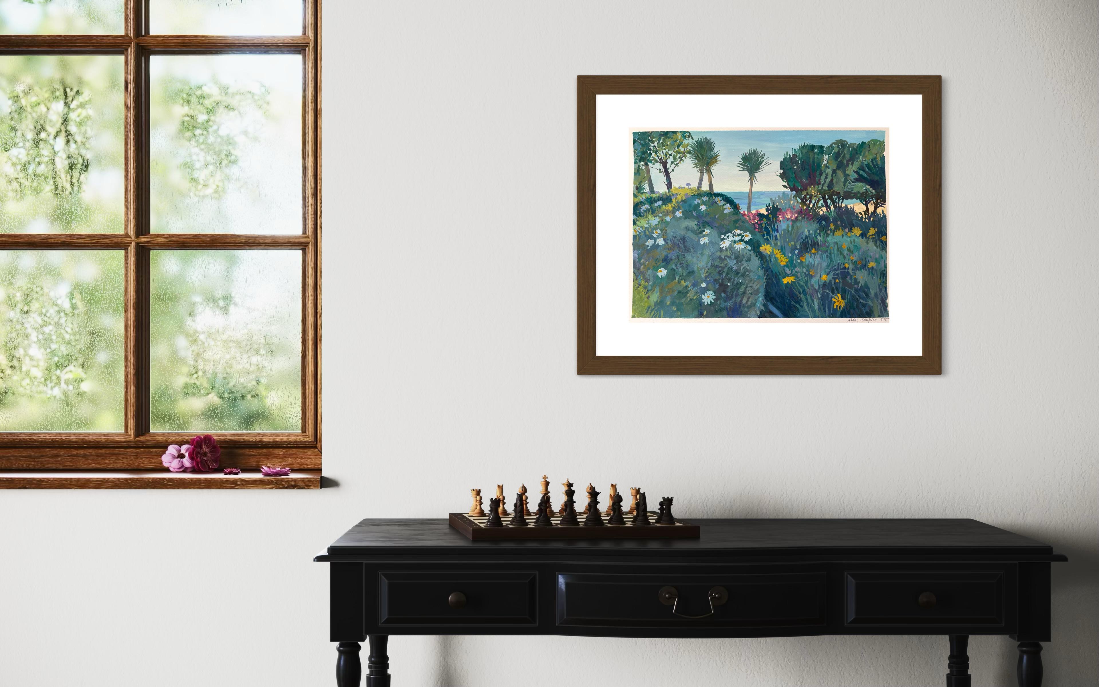 L'île magique  Paysage gouache sur papier . botaniques, plantes, fleurs Vert. en vente 6