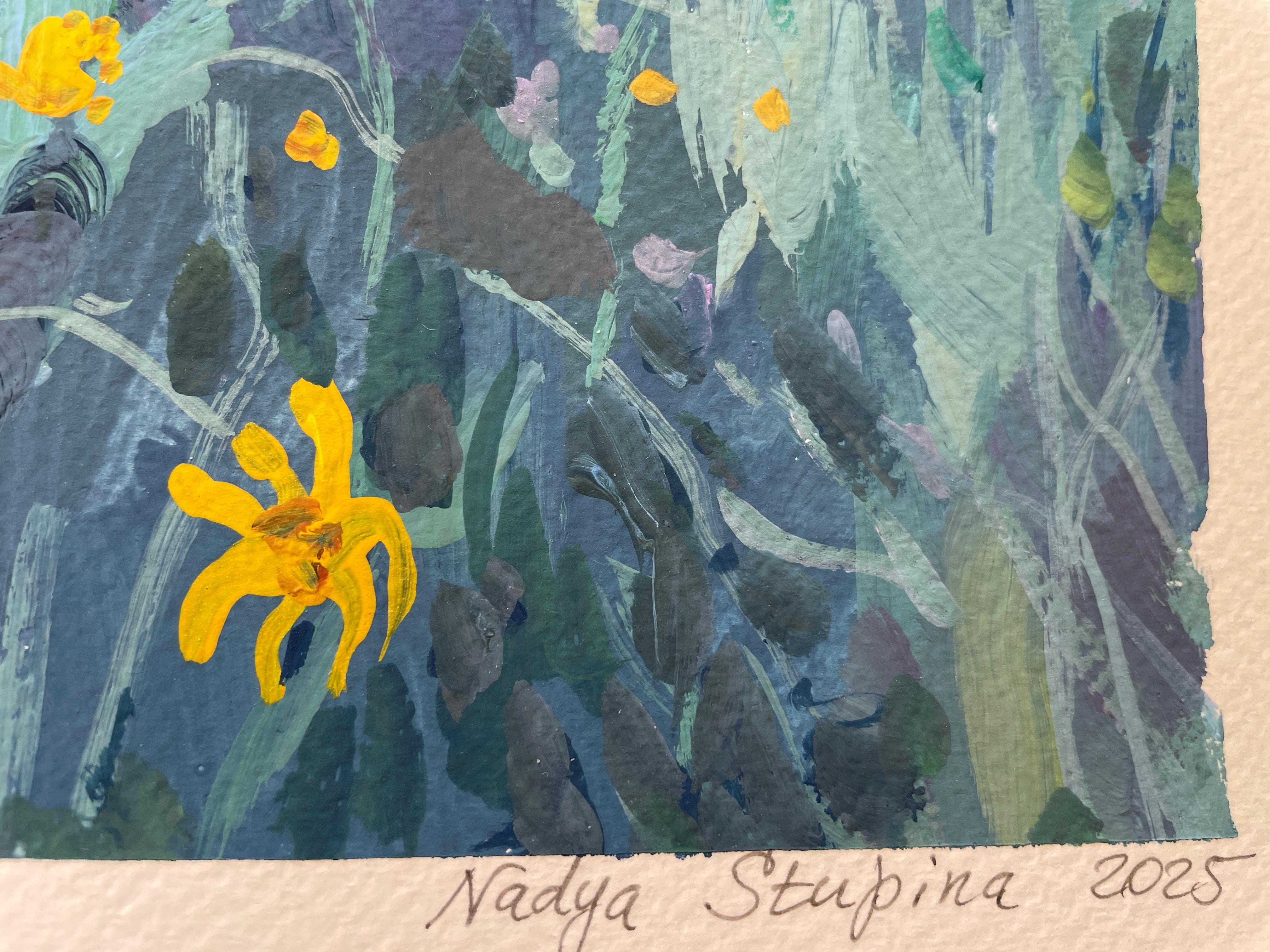 L'île magique  Paysage gouache sur papier . botaniques, plantes, fleurs Vert. - Gris Landscape Painting par Nadezda Stupina