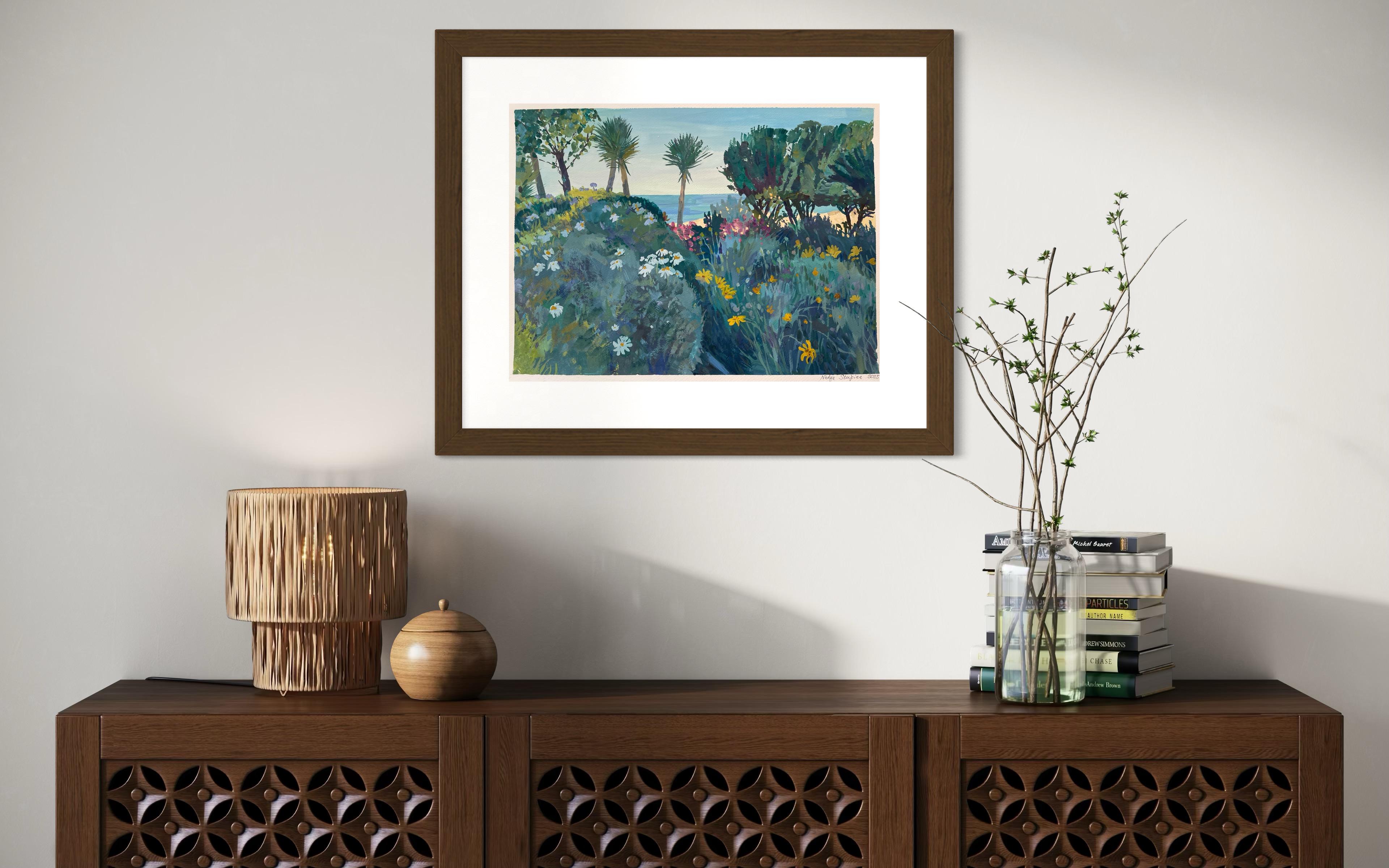 L'île magique  Paysage gouache sur papier . botaniques, plantes, fleurs Vert. en vente 4