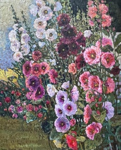 "Malva vicino alla vecchia casa" dipinto floreale originale. Hollyhocks. Impasto .