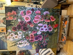 Mallow Near the Old House Painting, Floral Impasto, 100x81 cm, New