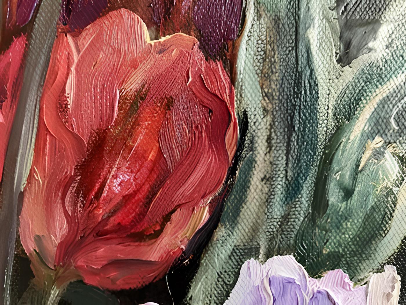 May tulips - Black Landscape Painting by Nadezda Stupina
