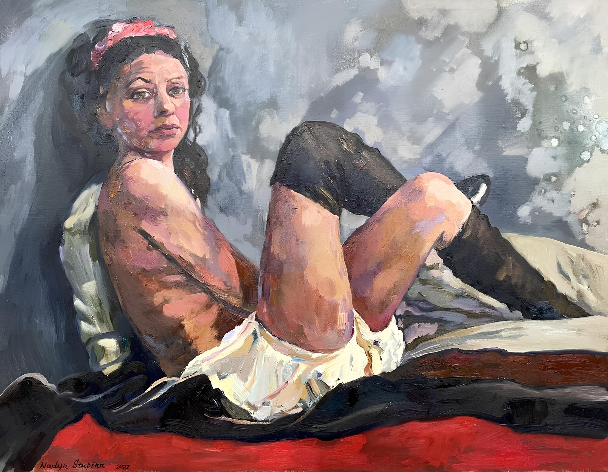 Nude Painting de Nadezda Stupina - "Modelo Charlotte" Pintura figurativa impresionista original. Horizontal .
