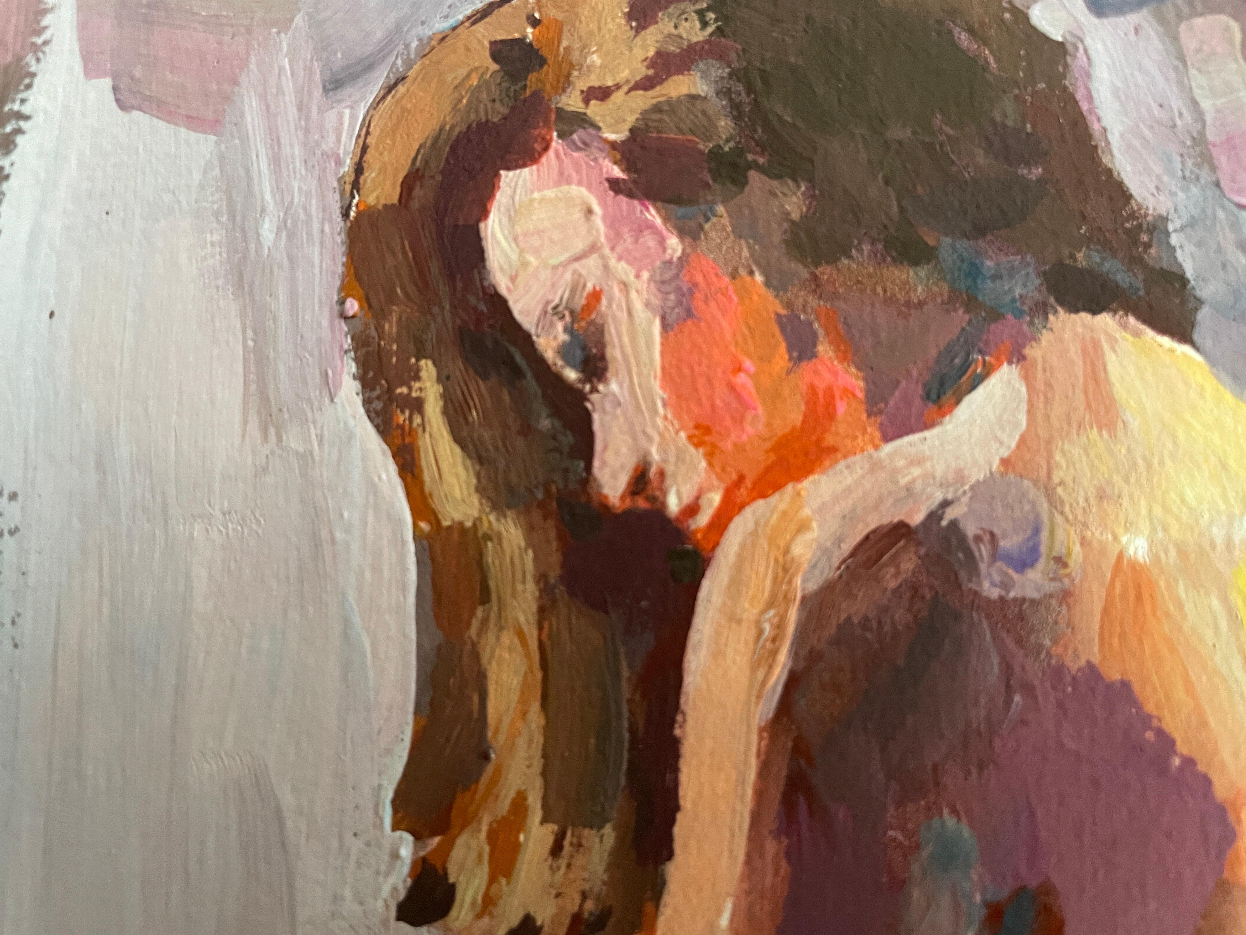 Cette œuvre d'art est une étude exquise de la forme humaine, capturant un moment de vulnérabilité introspective. Le sujet est représenté en position agenouillée sur un tabouret, le dos tourné au spectateur, ce qui amplifie le sentiment de solitude