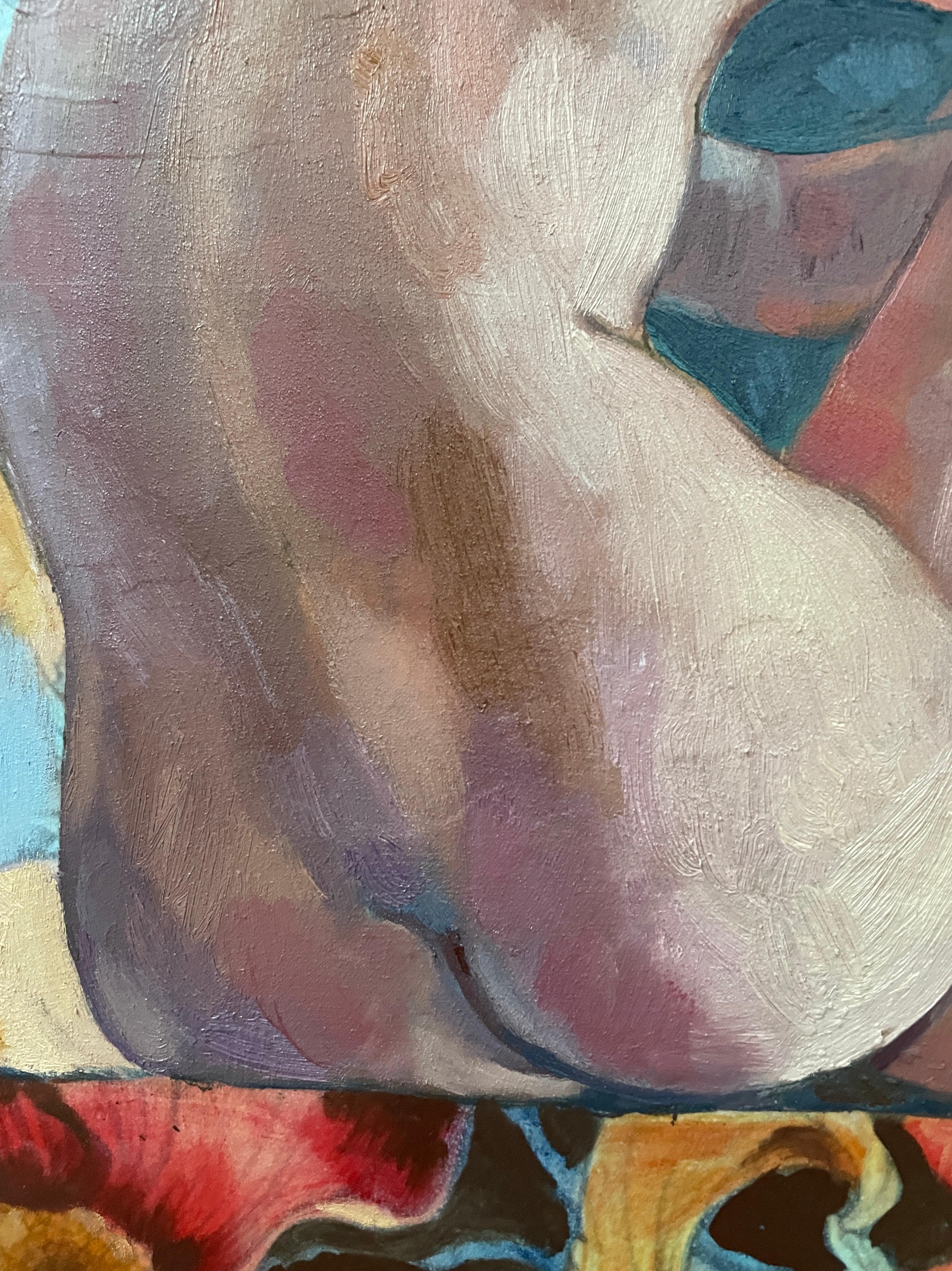 ”Morris’s lover 6” Vertical figurative   oil painting . Nude . Flowers . Vintage For Sale 6