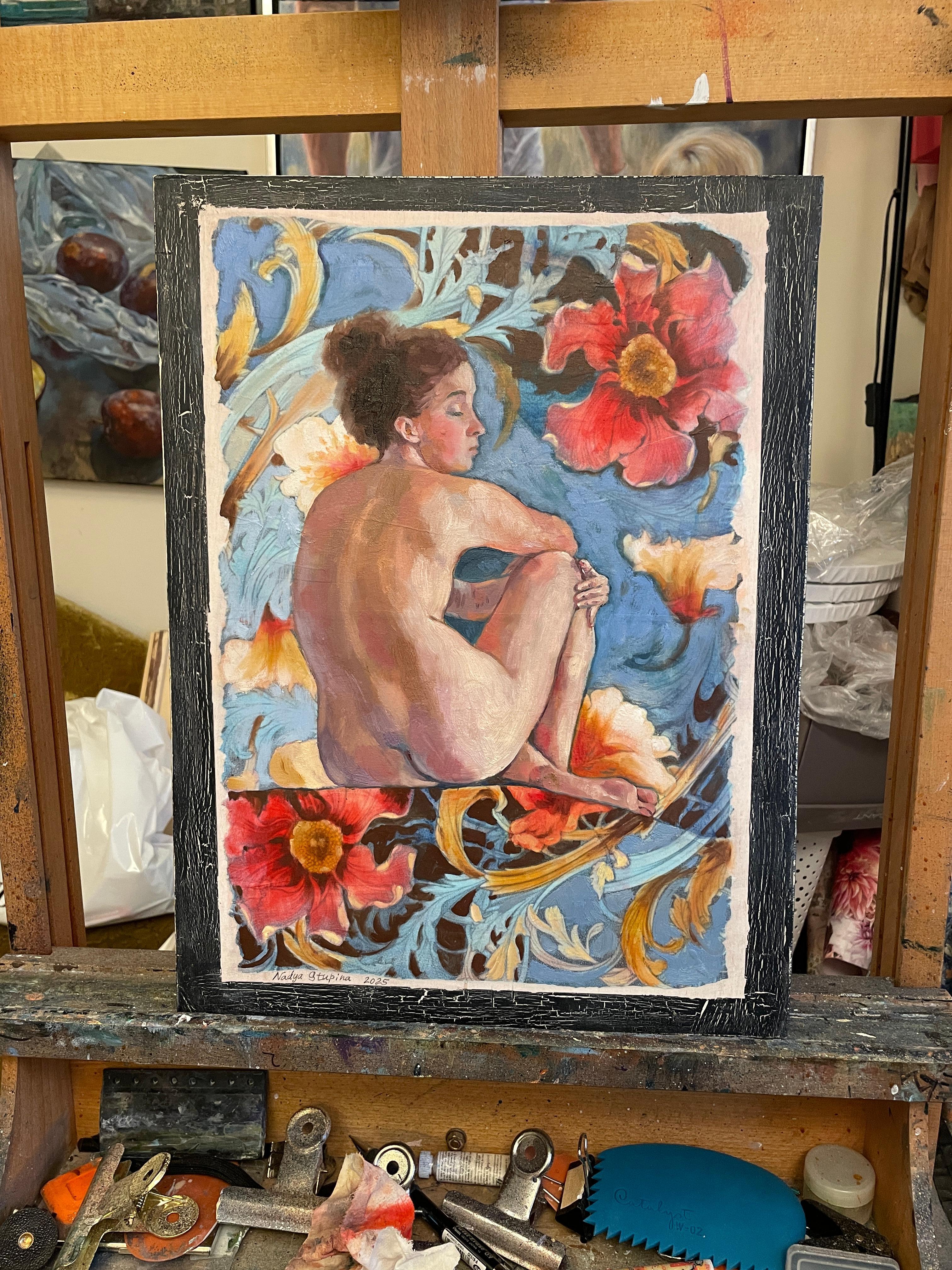 ”Morris’s lover 6” Vertical figurative   oil painting . Nude . Flowers . Vintage For Sale 7