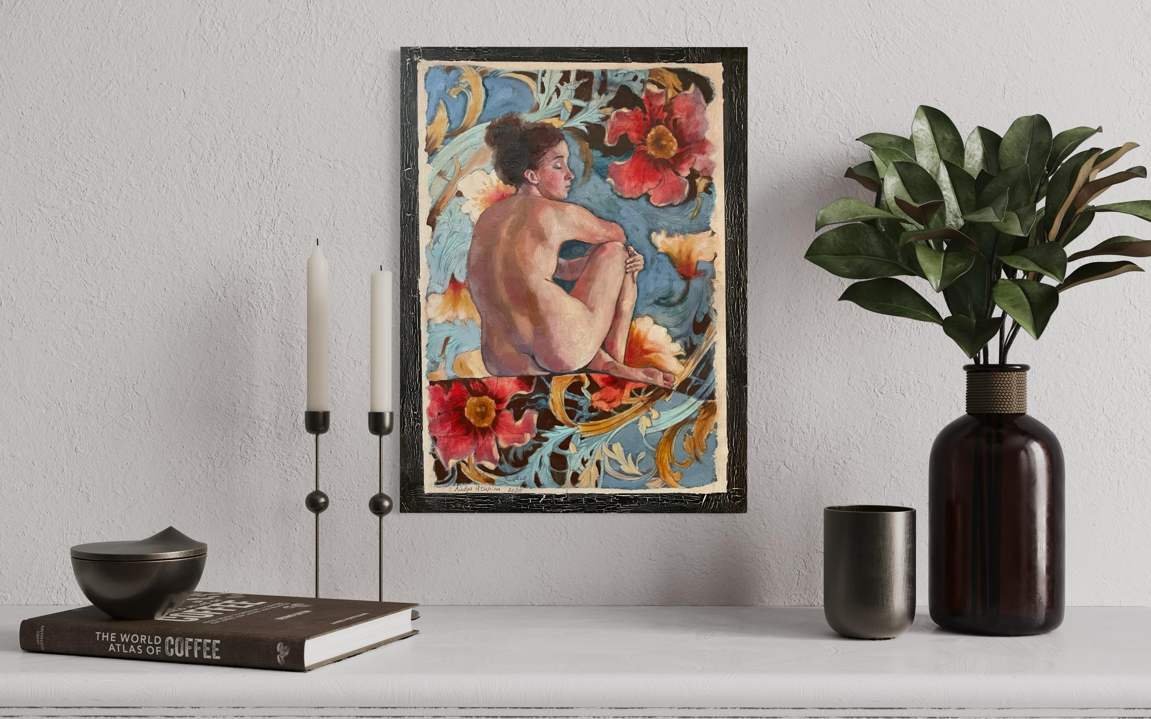 ”Morris’s lover 6” Vertical figurative   oil painting . Nude . Flowers . Vintage - Art Nouveau Painting by Nadezda Stupina