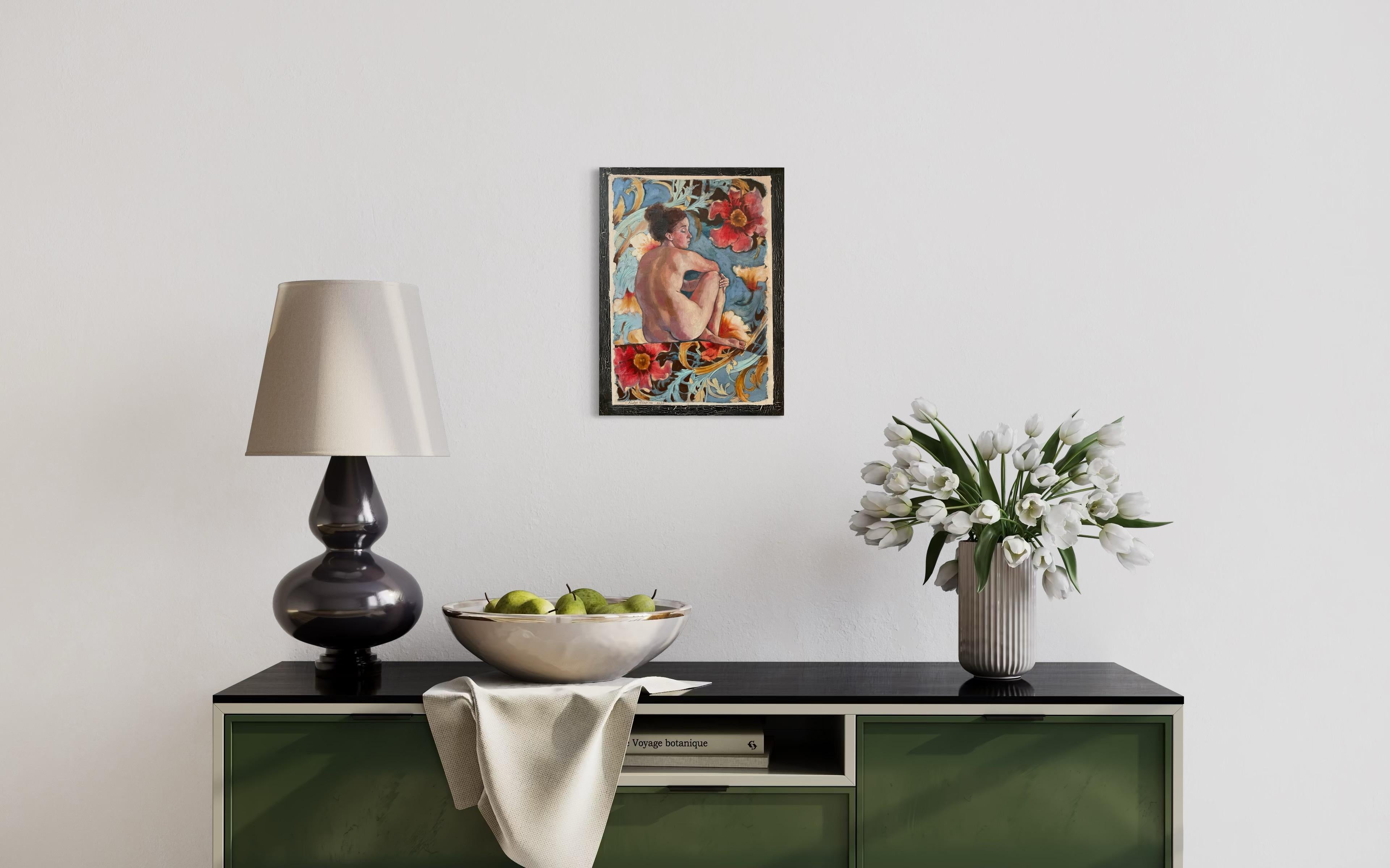 This captivating artwork presents a striking blend of classical form and vibrant color. At its center is a seated figure, delicately positioned with limbs folded, embodying a serene introspection. The artist’s skillful use of light highlights the
