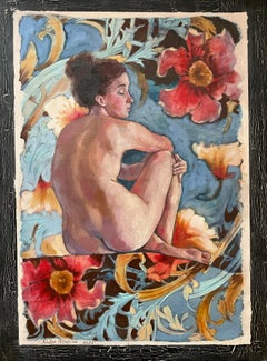 "L'amante di Morris 6" Figurativo verticale   pittura ad olio . Nudo . Fiori . Vintage