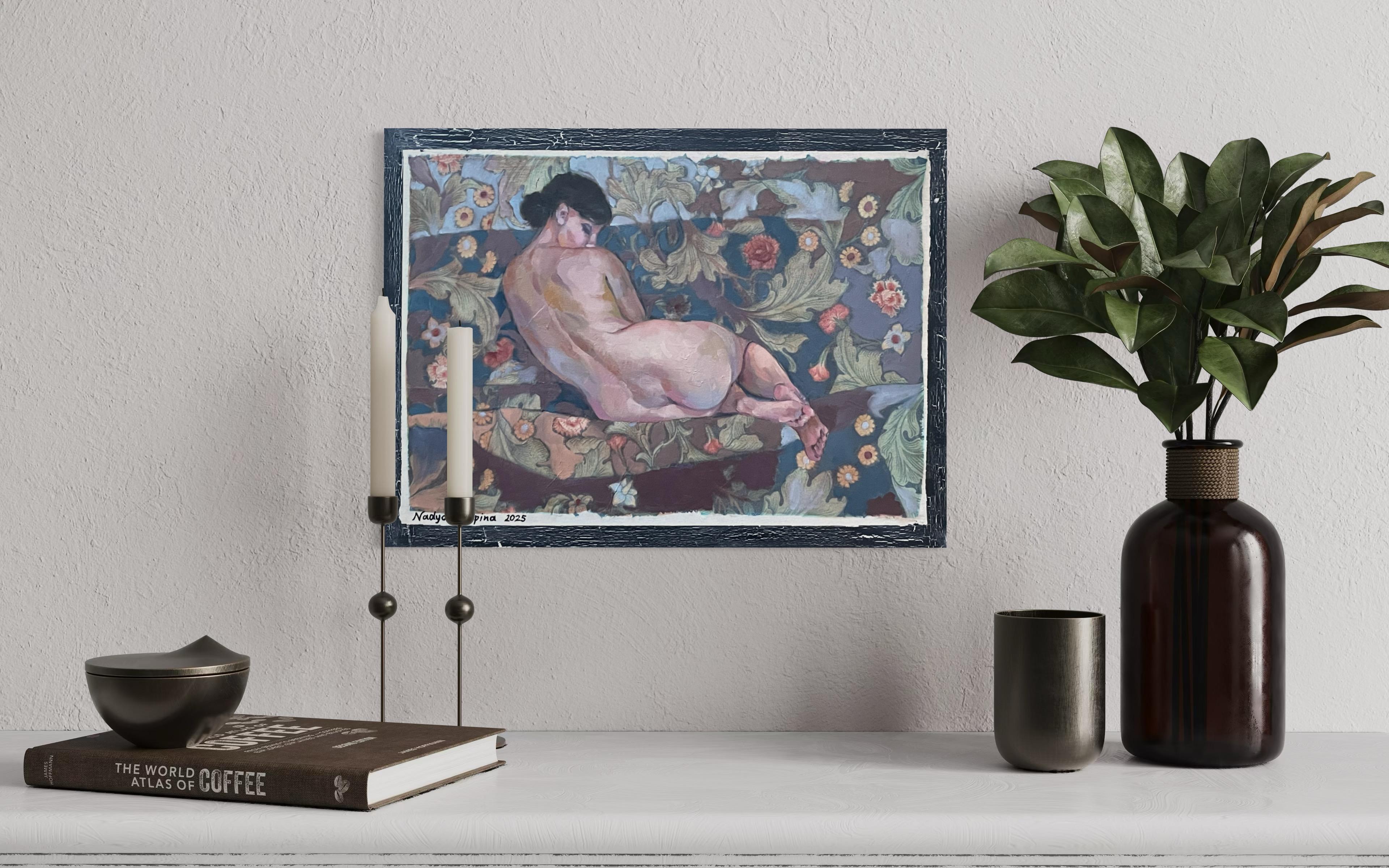 “Morris’s lover 7 “ Horizontal figurative oil painting . Nude . Vintage . - Painting by Nadezda Stupina