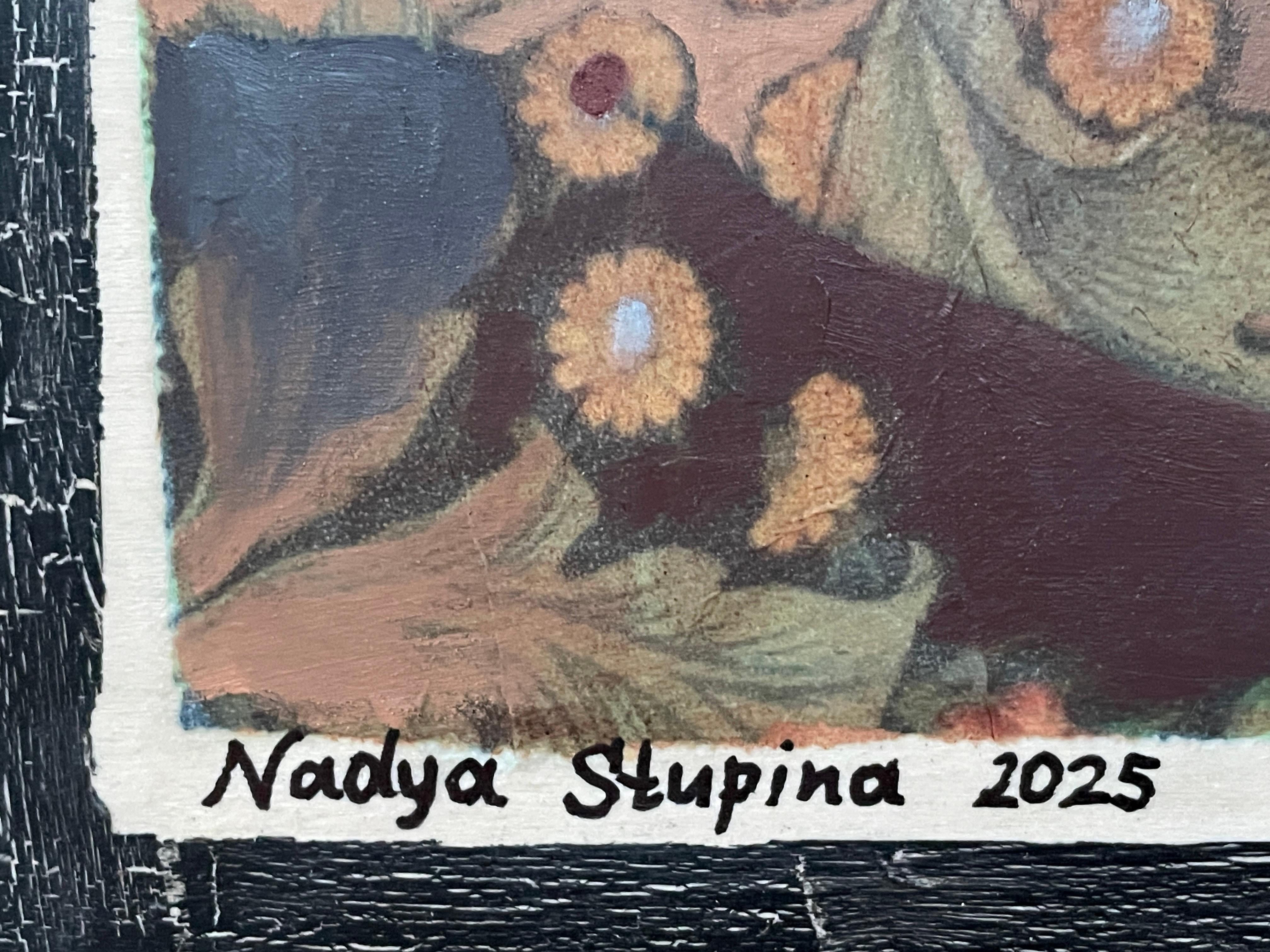 This artwork presents a striking blend of figure and pattern. A nude figure, posed gracefully in repose, is central to the scene, rendered with soft yet assertive brushstrokes that capture the delicate play of light on skin. The background is a