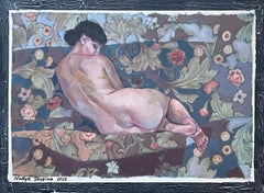 " El amante de Morris 7 " Pintura al óleo figurativa horizontal . Desnudo . Vintage .