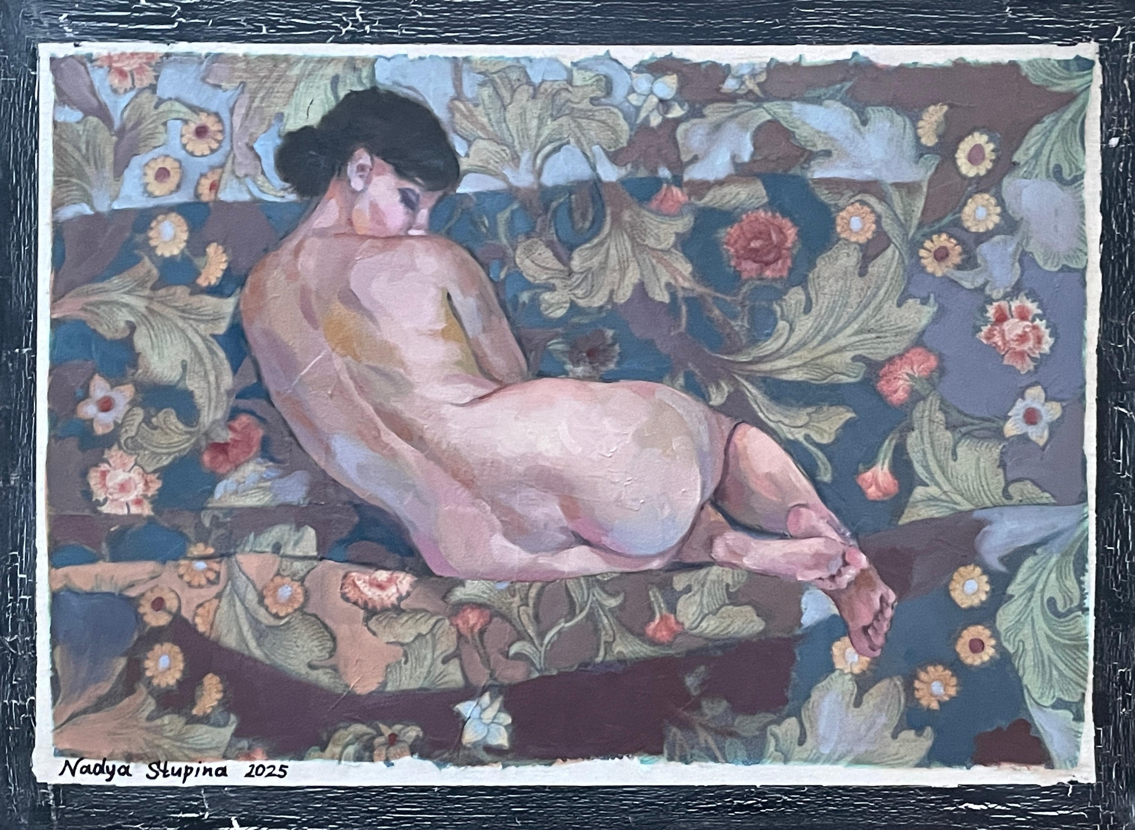 "L
amante di Morris 7 " Pittura ad olio figurativa orizzontale. Nudi attraverso i mezzi di comunicazione