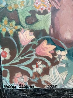"L'amante di Morris 8" Pittura ad olio figurativa verticale. Nudo. Donne. Fiori
