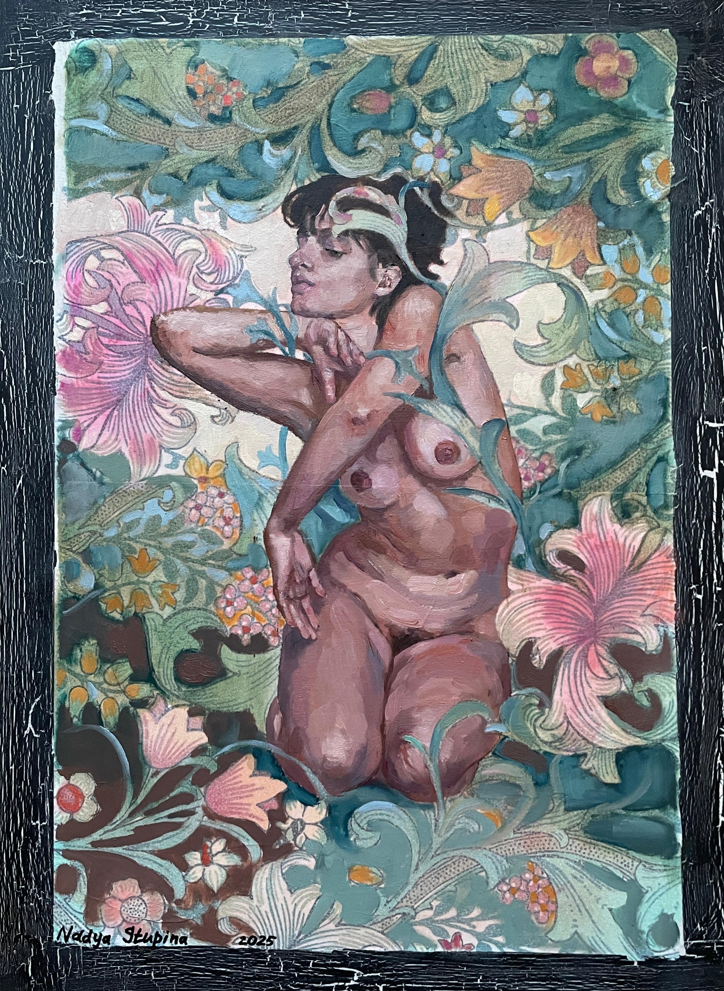 "La amante de Morris 8" Pintura al óleo figurativa vertical . Desnuda. Mujeres. Flores
