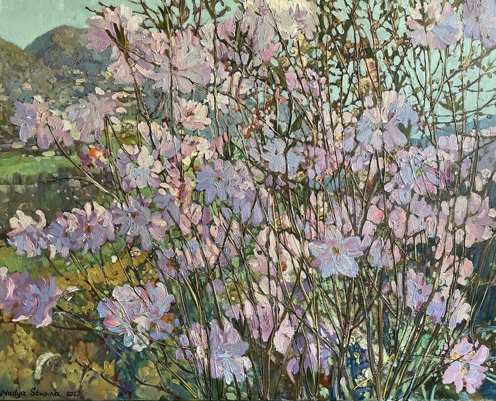 Nadezda Stupina Landscape Painting - "Mountain bloom" Large impressionistic floral  oil painting .Landscape
