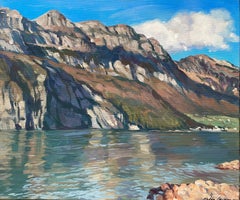 Bergspiegelungen am Walensee-See Original impressionistische Landschaft.