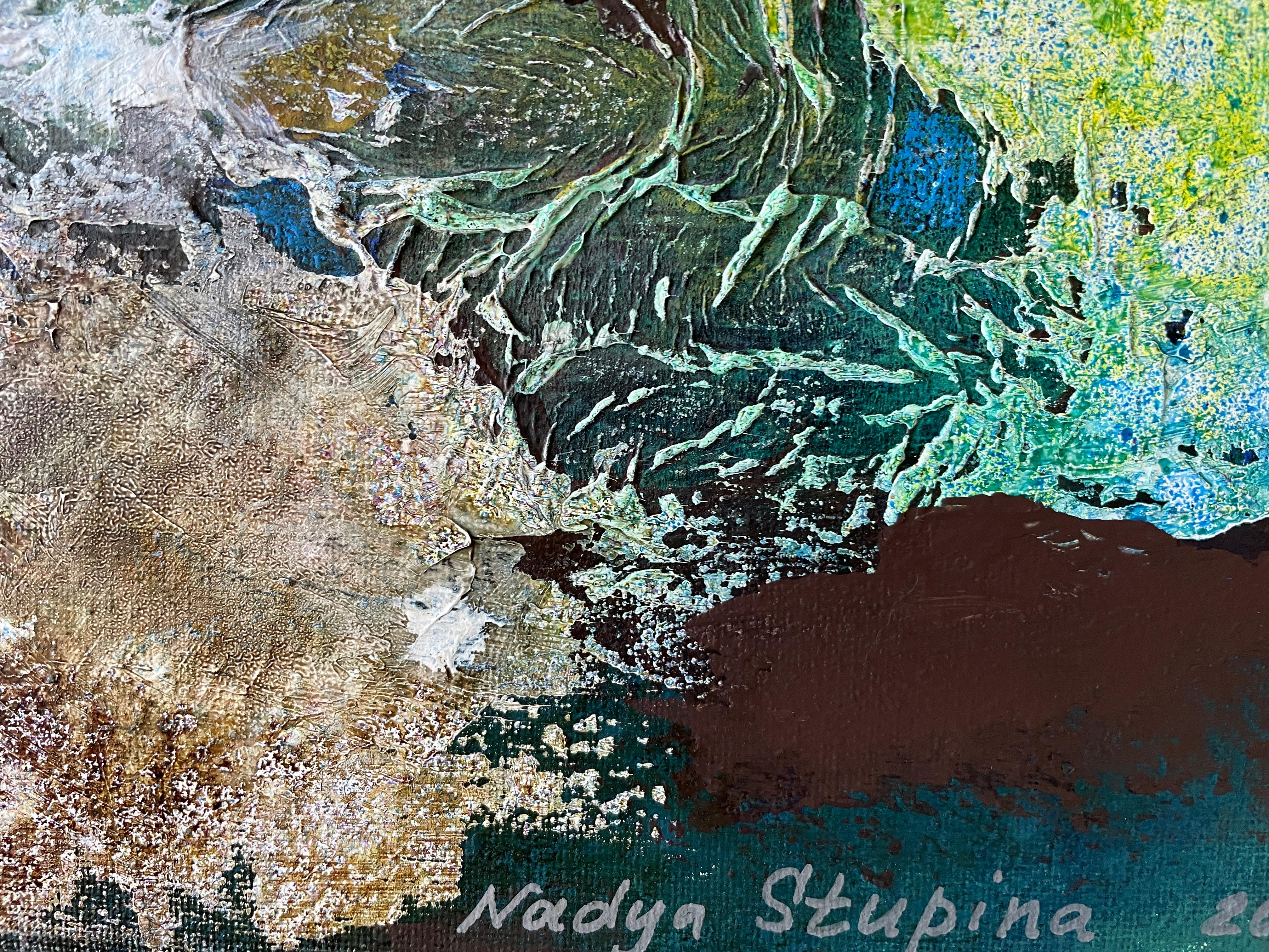 “Movement of the universe” Abstract large painting. Structure.Horizontal. - Blue Abstract Painting by Nadezda Stupina