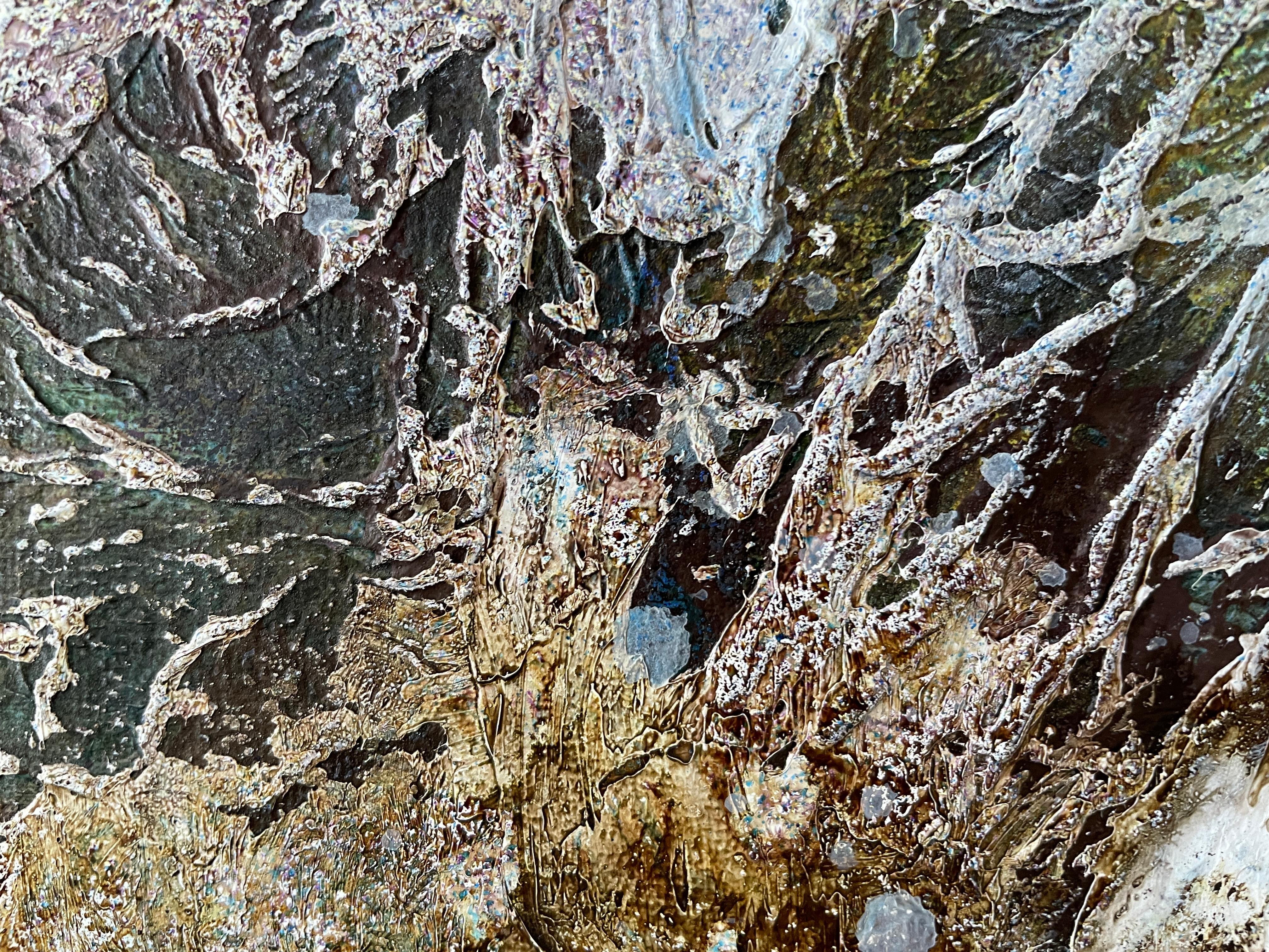 This artwork unveils a mesmerizing fusion of abstract expression and organic forms, dominated by a vibrant palette of blues. The composition's intricate textures resemble an undersea landscape, inviting viewers to explore its depths. Ethereal